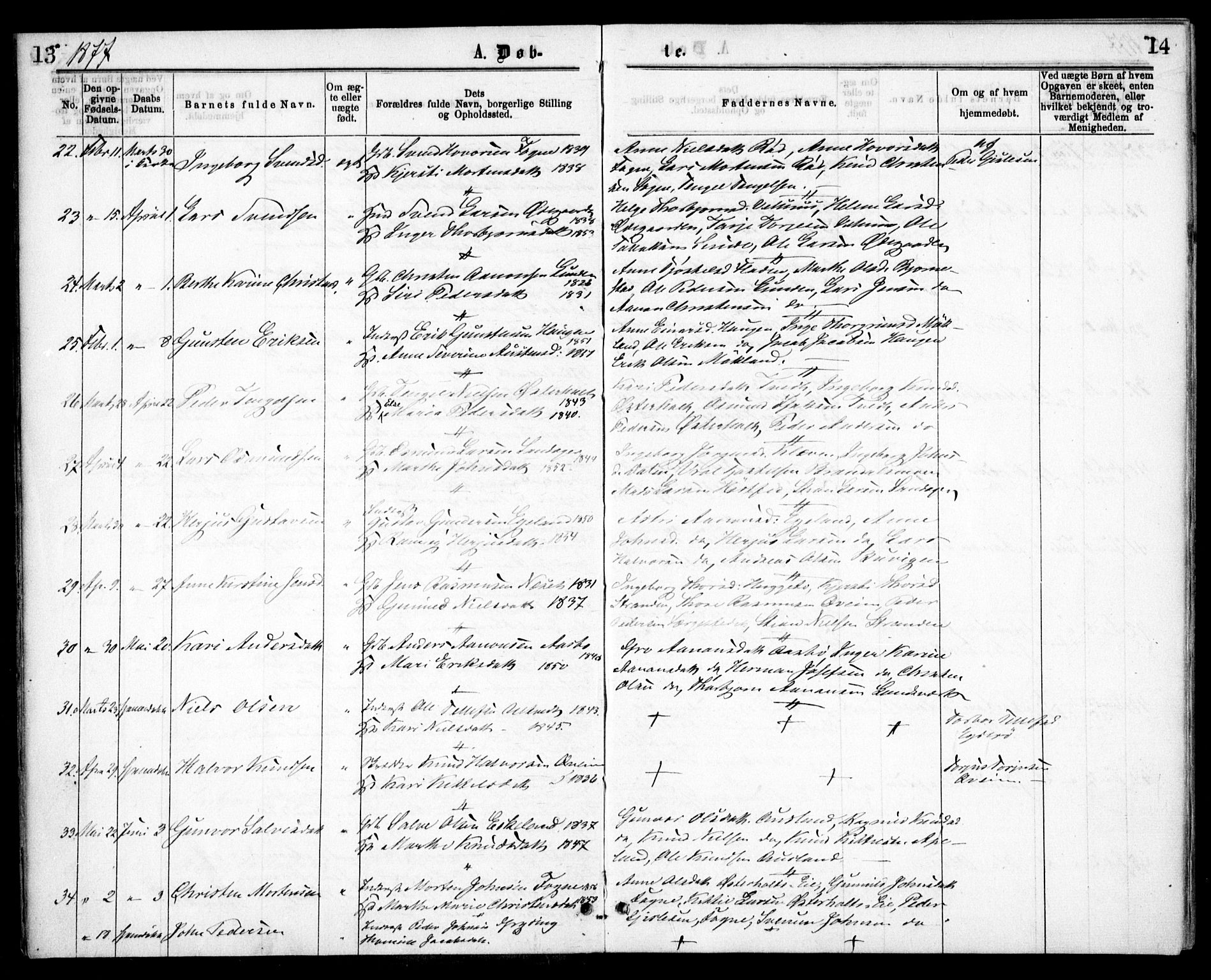Gjerstad sokneprestkontor, AV/SAK-1111-0014/F/Fa/Faa/L0008: Parish register (official) no. A 8, 1876-1884, p. 13-14