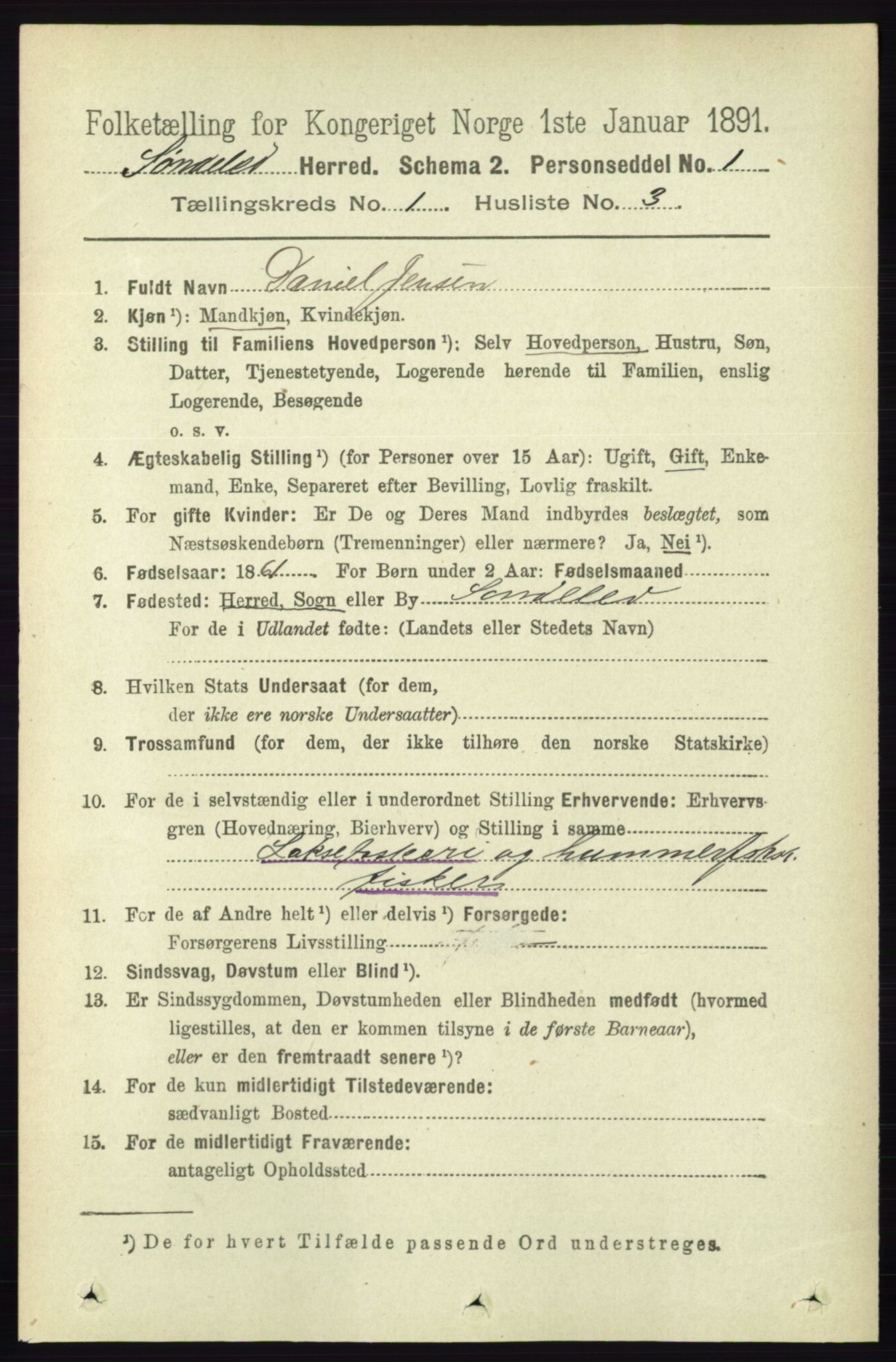 RA, 1891 census for 0913 Søndeled, 1891, p. 96