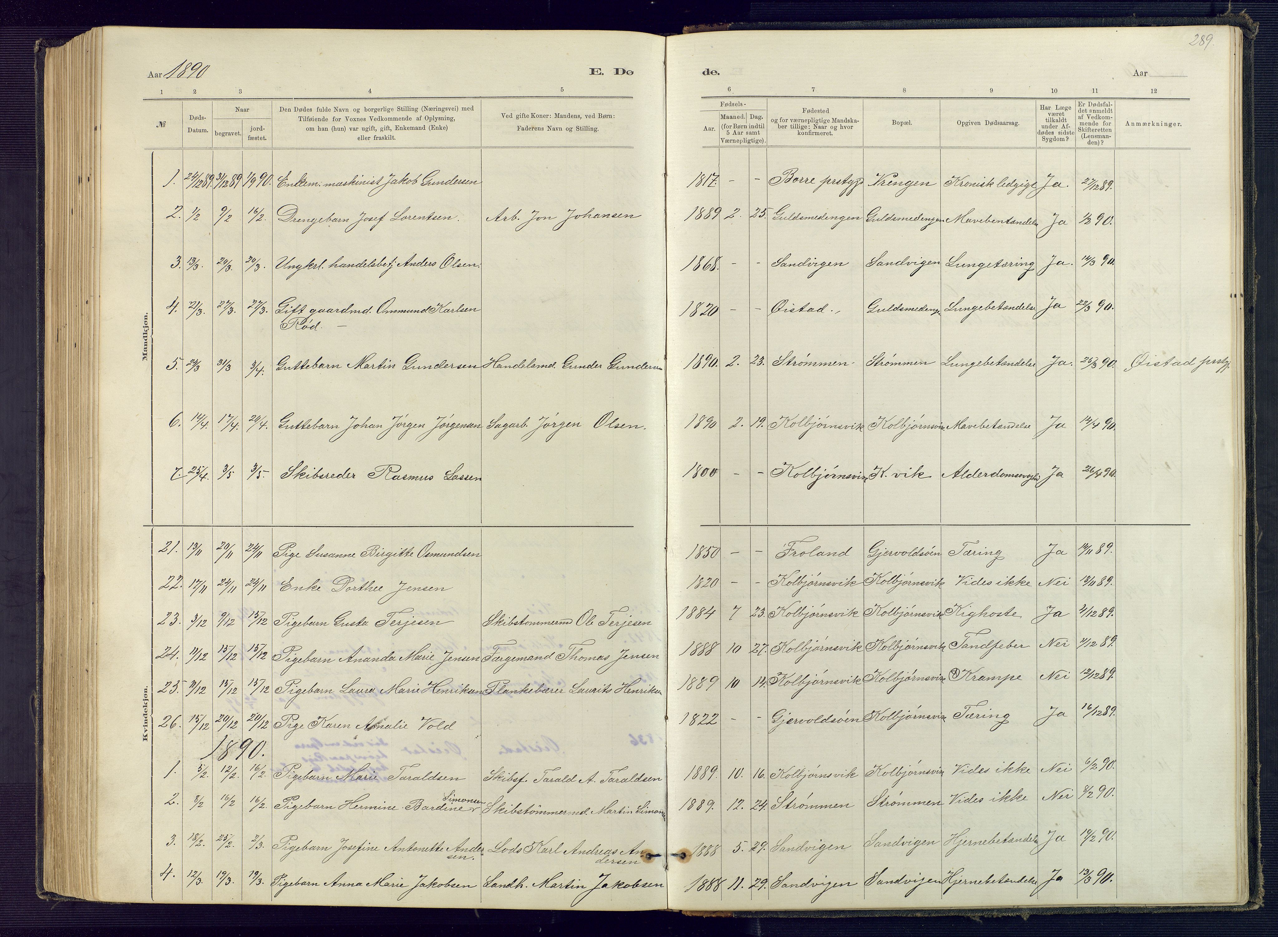 Hisøy sokneprestkontor, SAK/1111-0020/F/Fb/L0003: Parish register (copy) no. B 3, 1885-1905, p. 289