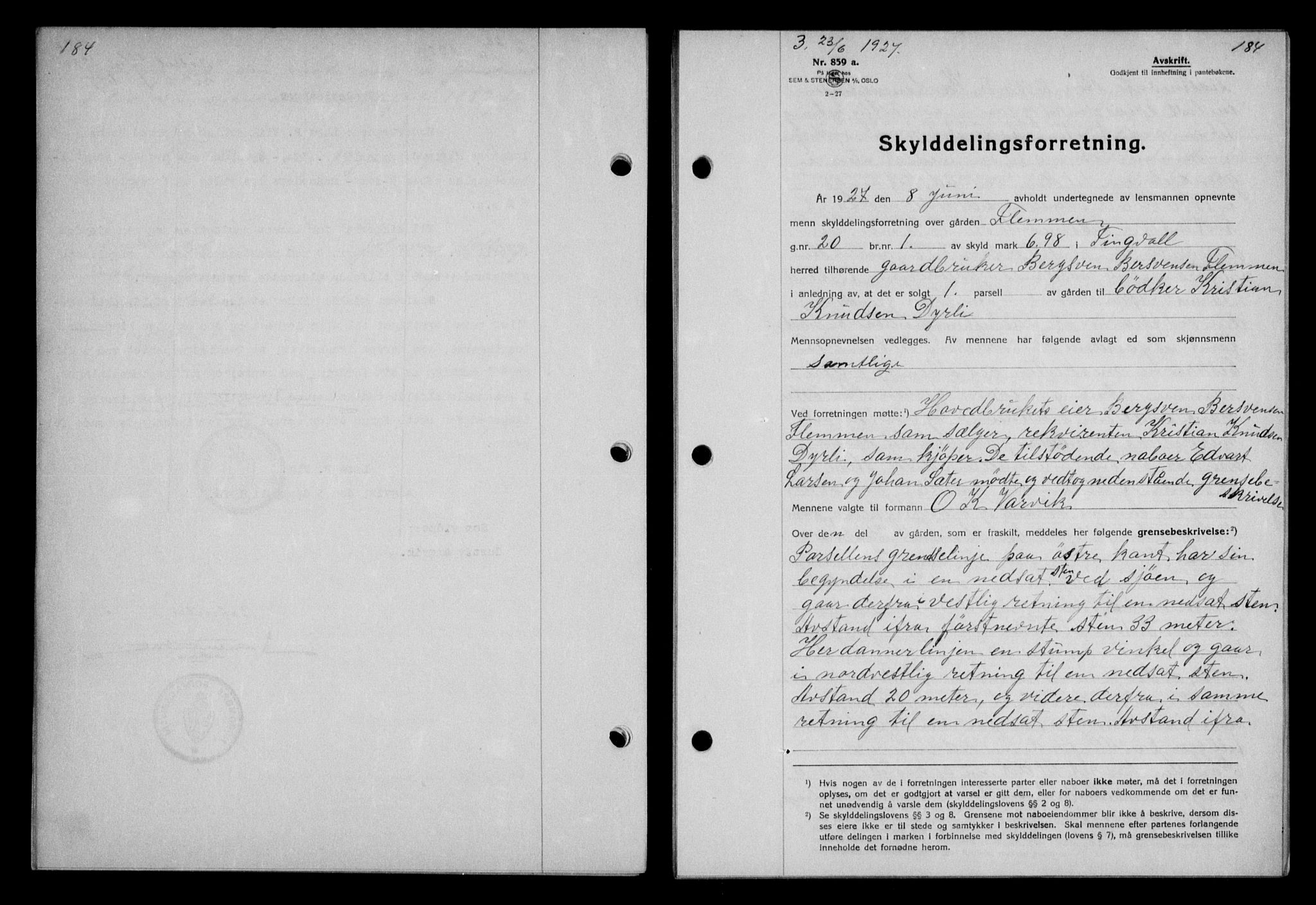 Nordmøre sorenskriveri, AV/SAT-A-4132/1/2/2Ca/L0062: Mortgage book no. 52, 1927-1927, Deed date: 23.06.1927