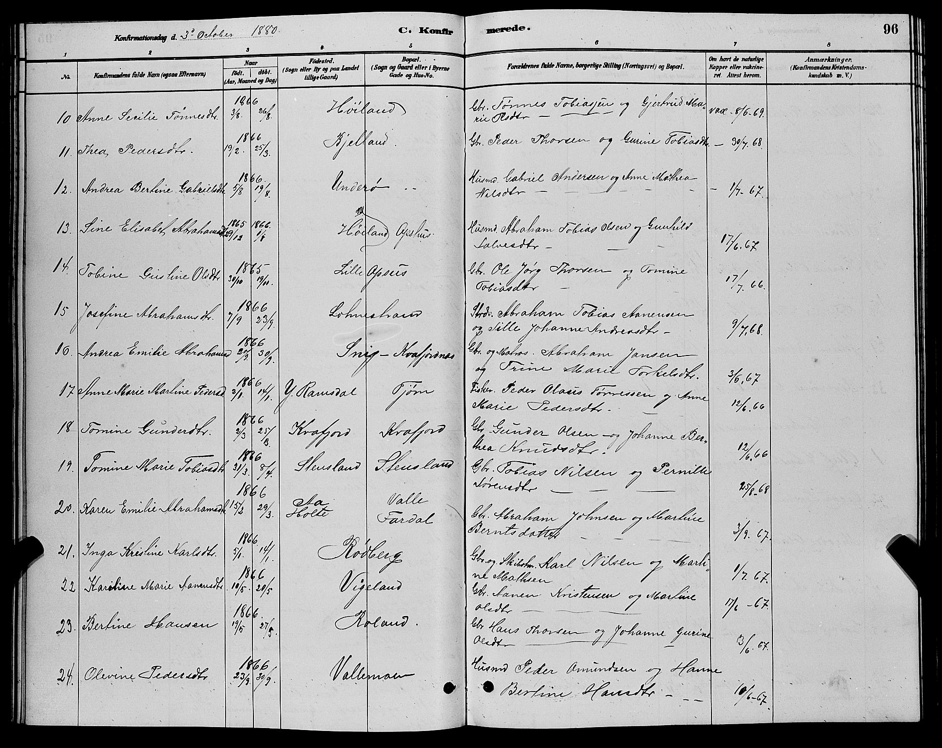 Sør-Audnedal sokneprestkontor, AV/SAK-1111-0039/F/Fb/Fbb/L0005: Parish register (copy) no. B 5, 1880-1892, p. 96