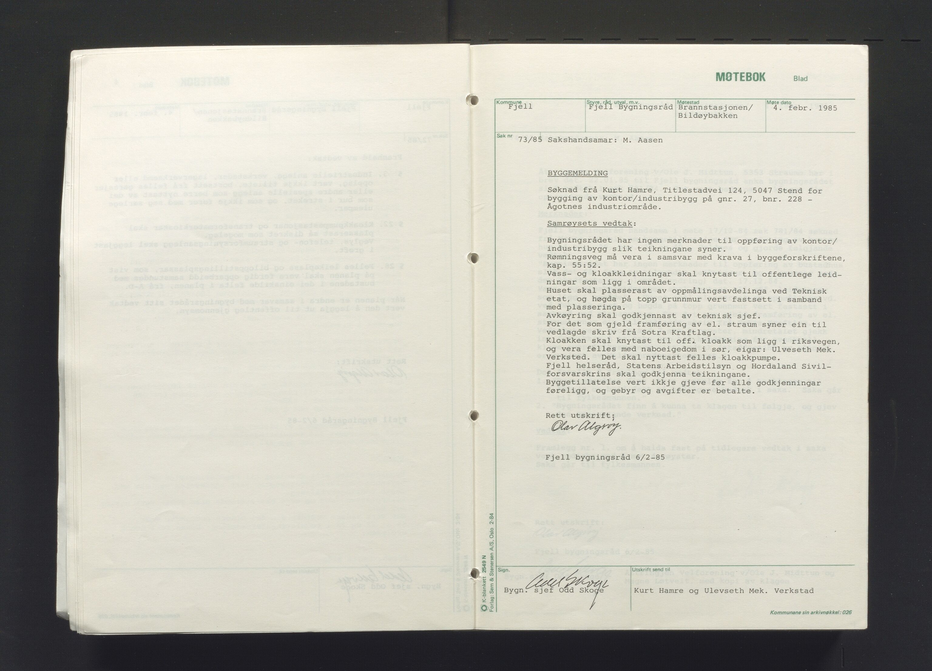 Fjell kommune. Bygningsrådet, IKAH/1246-511/A/Aa/L0018a: Møtebok for Fjell bygningsråd, 1985