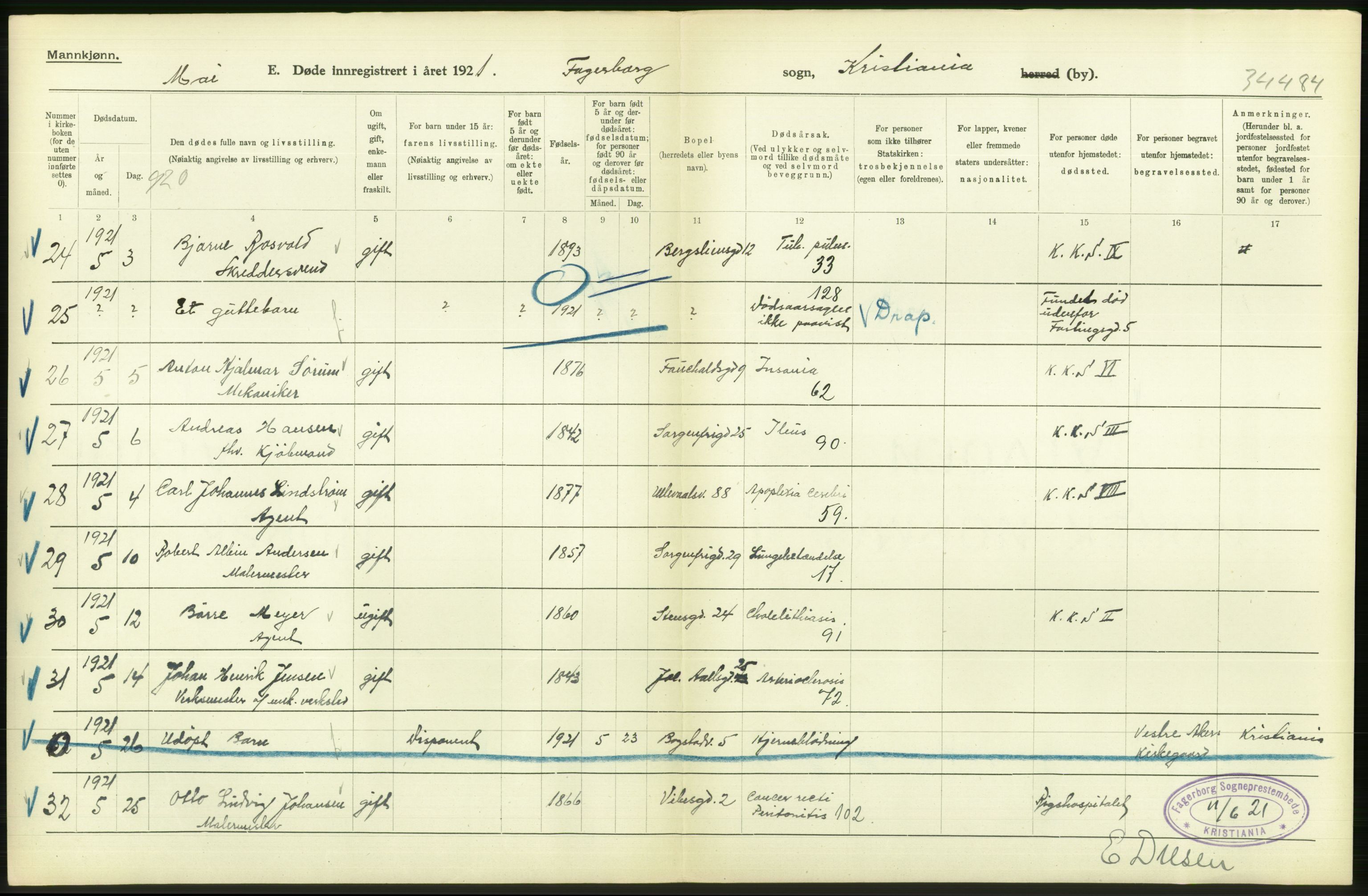 Statistisk sentralbyrå, Sosiodemografiske emner, Befolkning, AV/RA-S-2228/D/Df/Dfc/Dfca/L0012: Kristiania: Døde, 1921, p. 292