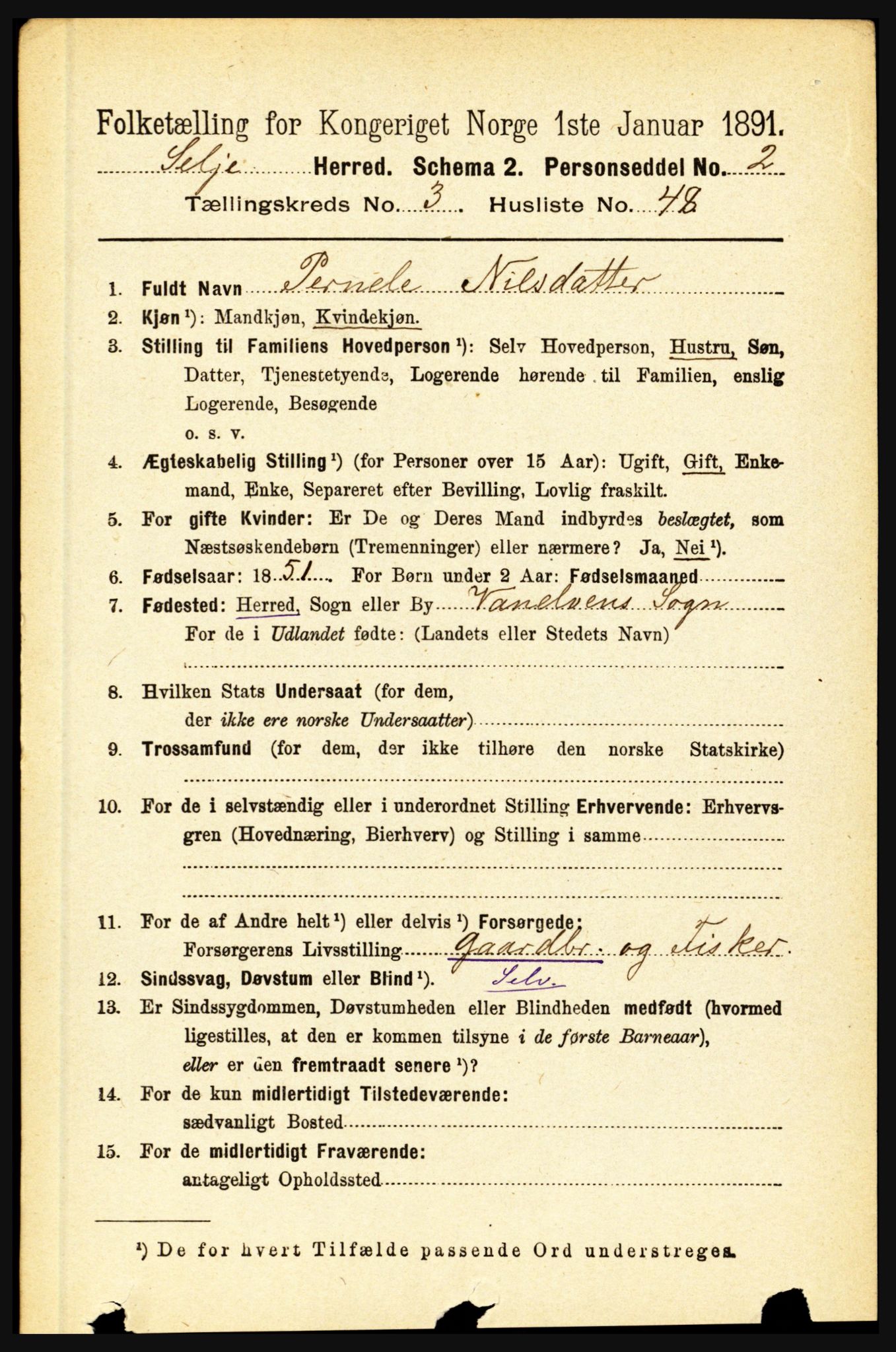 RA, 1891 census for 1441 Selje, 1891, p. 899