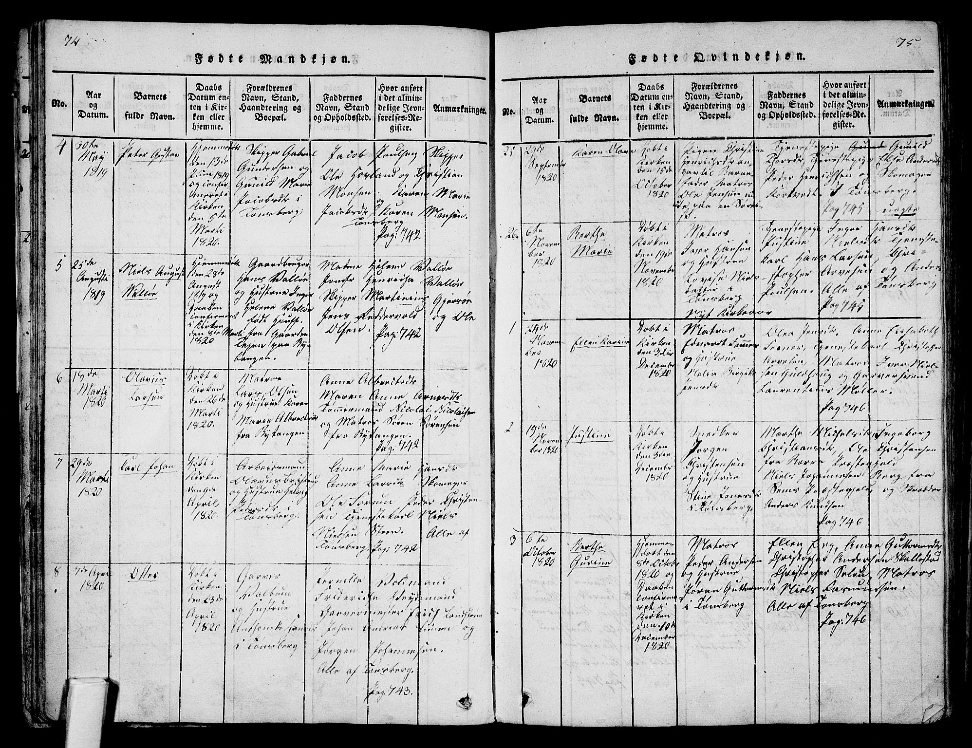 Tønsberg kirkebøker, AV/SAKO-A-330/F/Fa/L0004: Parish register (official) no. I 4, 1813-1826, p. 74-75