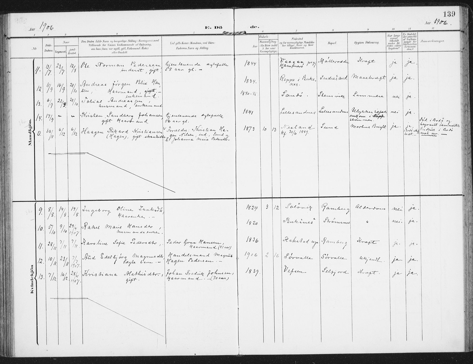 Ministerialprotokoller, klokkerbøker og fødselsregistre - Nordland, AV/SAT-A-1459/885/L1206: Parish register (official) no. 885A07, 1905-1915, p. 139