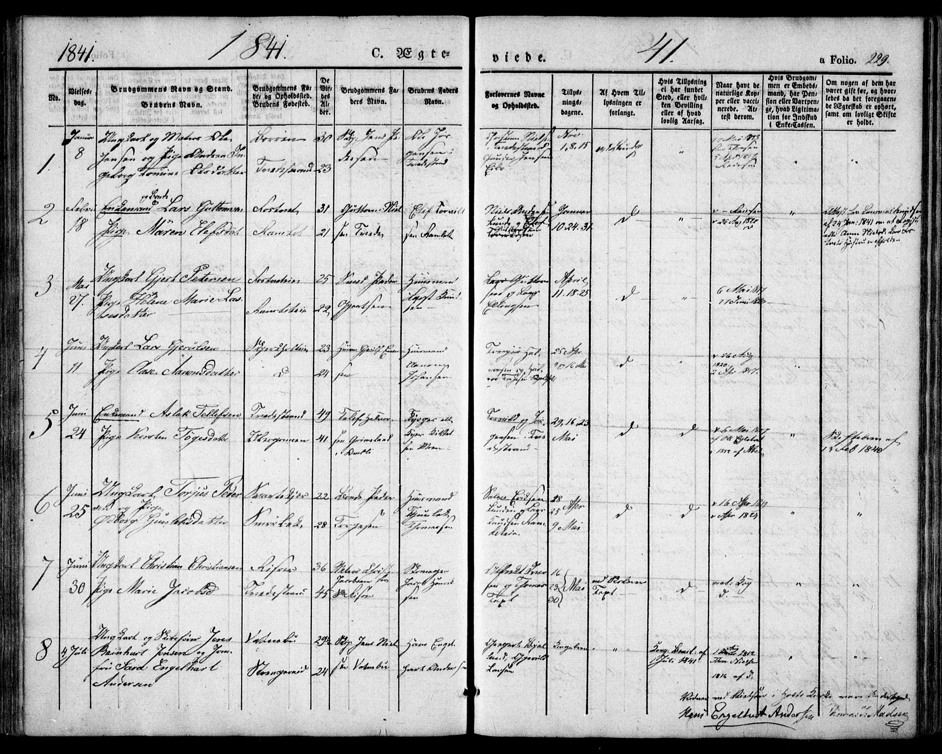 Holt sokneprestkontor, AV/SAK-1111-0021/F/Fa/L0007: Parish register (official) no. A 7, 1836-1848, p. 229