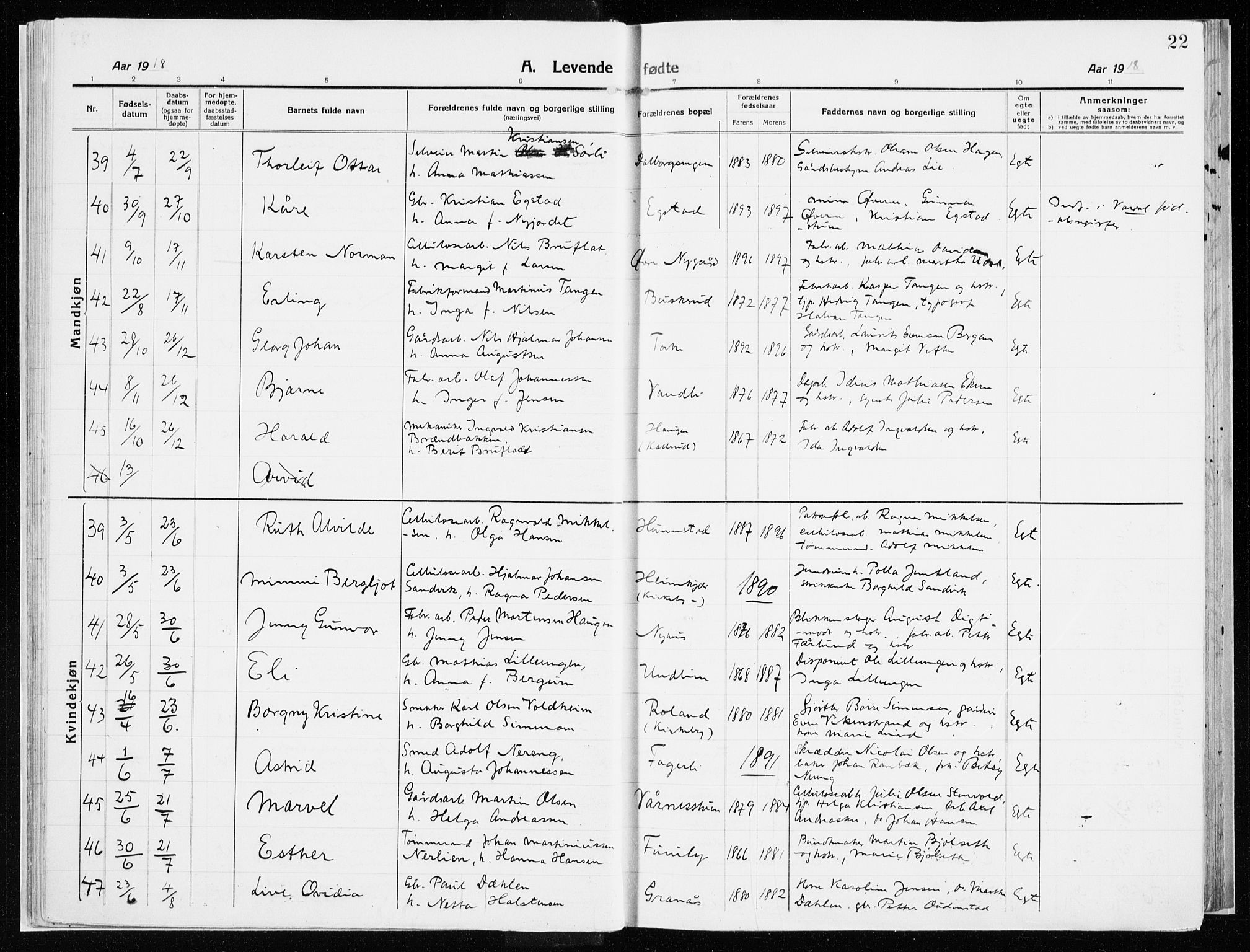 Vardal prestekontor, AV/SAH-PREST-100/H/Ha/Haa/L0017: Parish register (official) no. 17, 1915-1929, p. 22