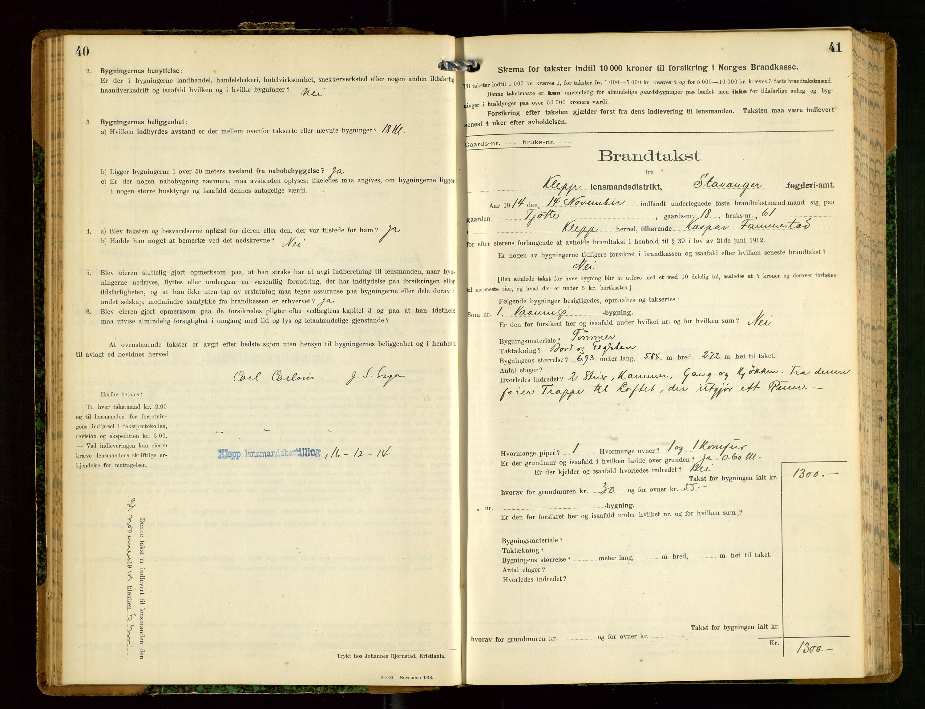 Klepp lensmannskontor, AV/SAST-A-100163/Goc/L0008: "Brandtakstprotokol" m/register, 1914-1917, p. 40-41