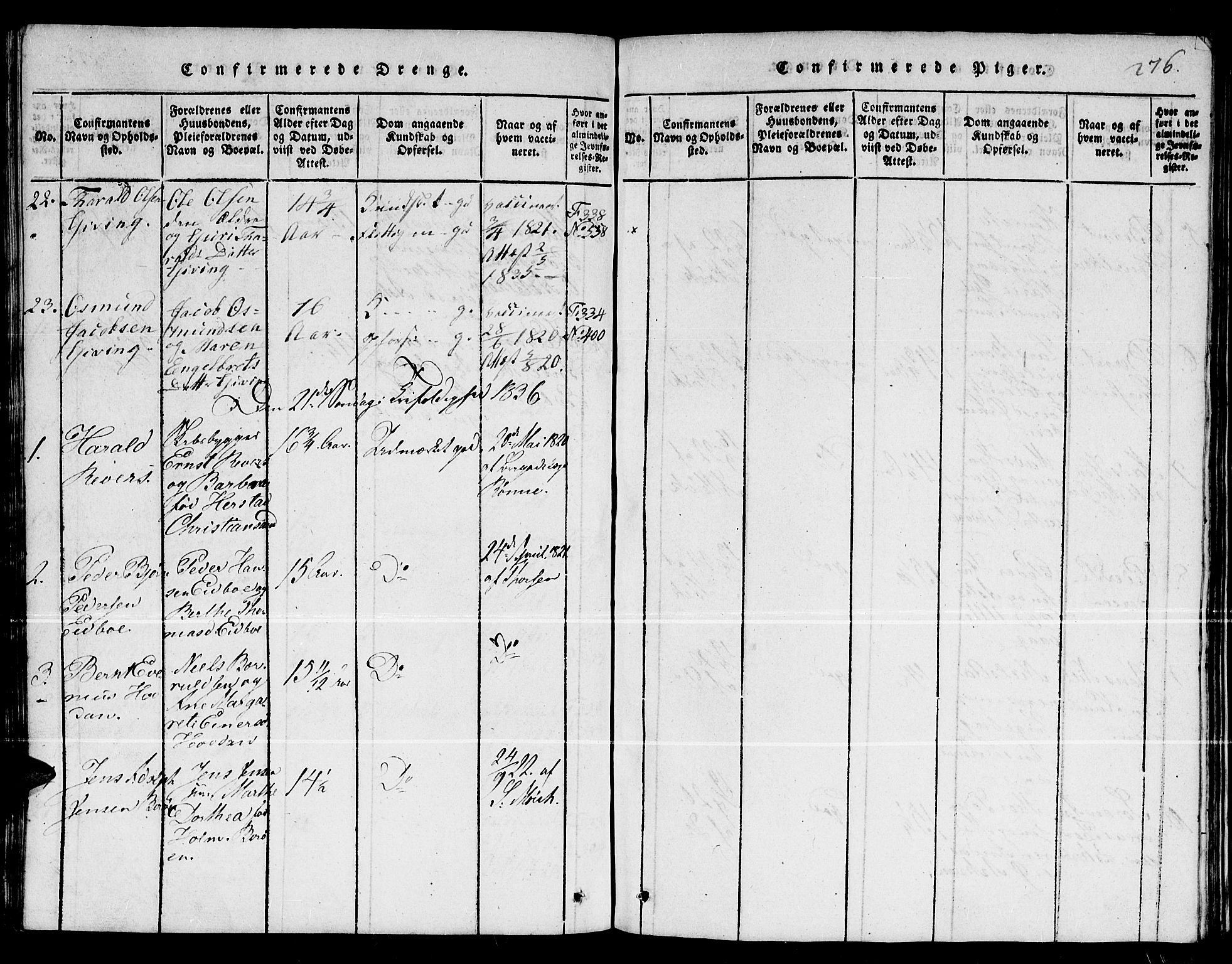 Dypvåg sokneprestkontor, AV/SAK-1111-0007/F/Fb/Fba/L0009: Parish register (copy) no. B 9, 1816-1842, p. 276