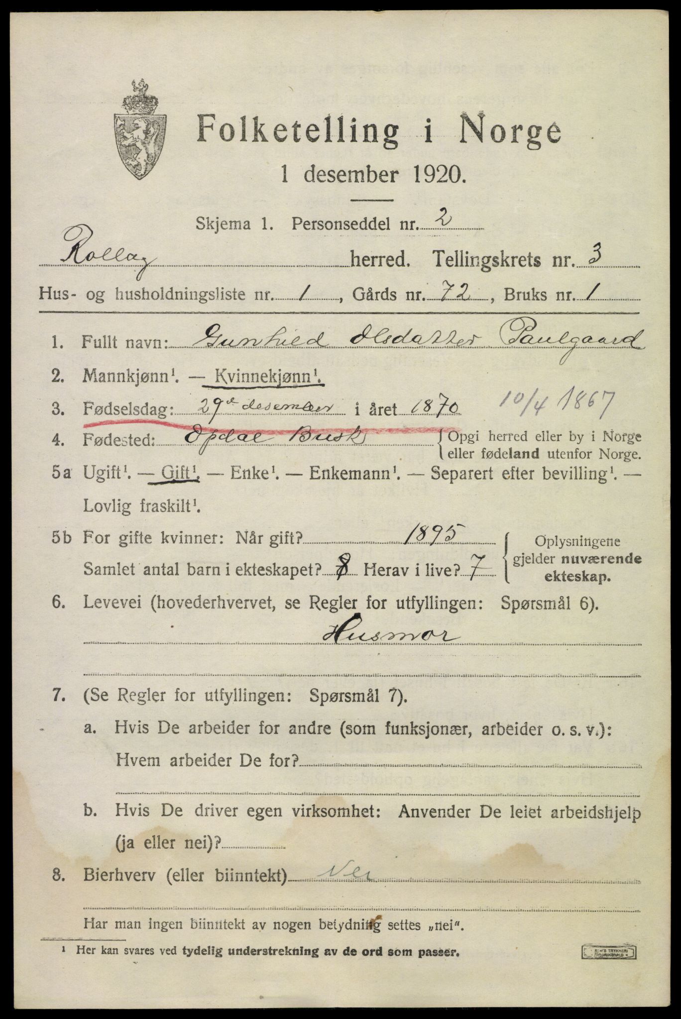 SAKO, 1920 census for Rollag, 1920, p. 1318