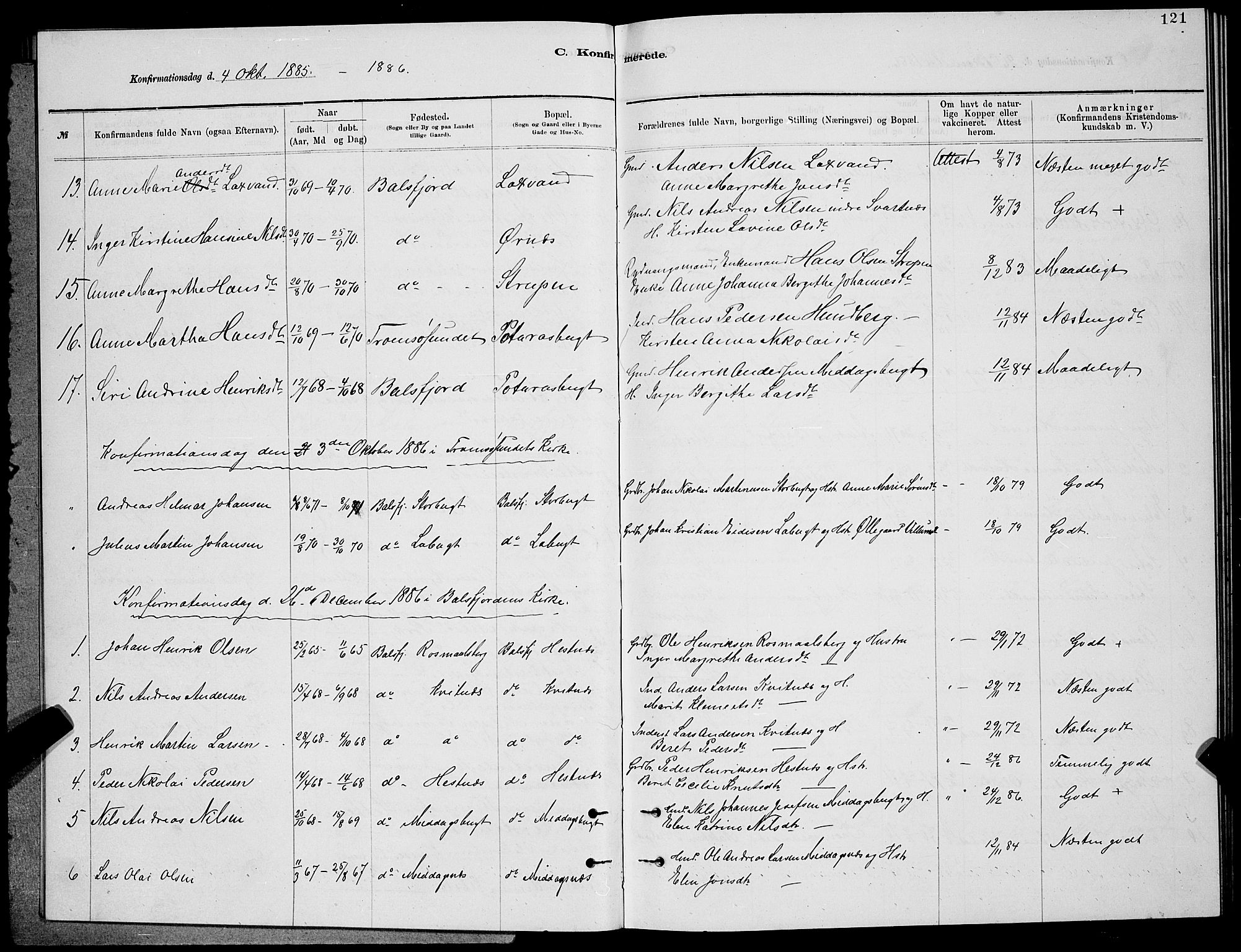 Balsfjord sokneprestembete, SATØ/S-1303/G/Ga/L0007klokker: Parish register (copy) no. 7, 1878-1889, p. 121
