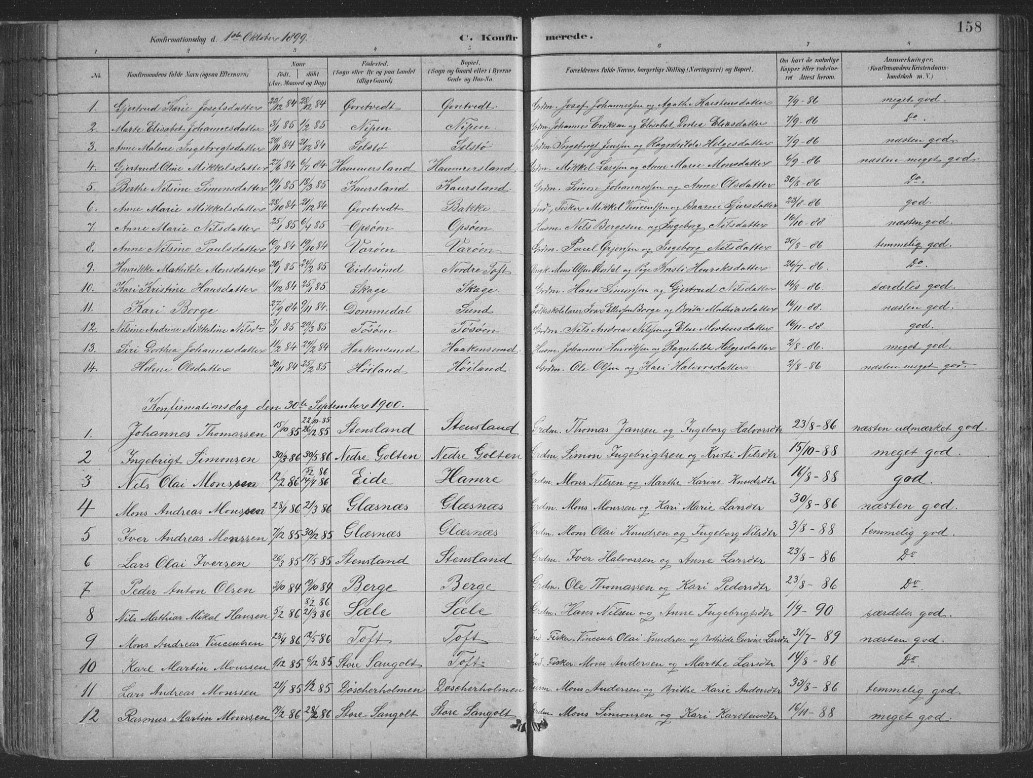 Sund sokneprestembete, SAB/A-99930: Parish register (copy) no. B 3, 1882-1911, p. 158