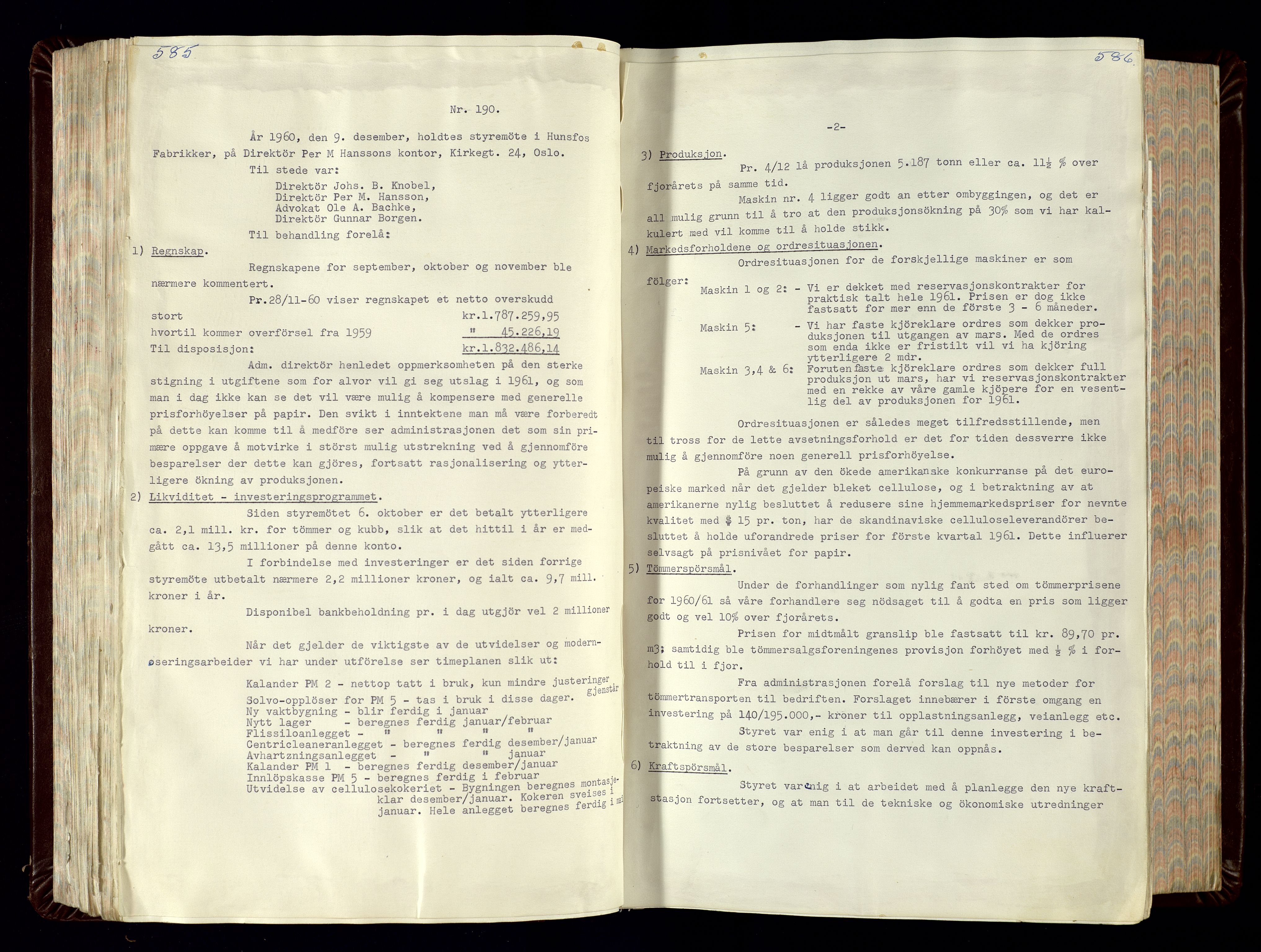 Hunsfos fabrikker, SAK/D/1440/02/L0007: Referatprotokoll fra styremøter (møte nr 114-221), 1951-1964, p. 585-586