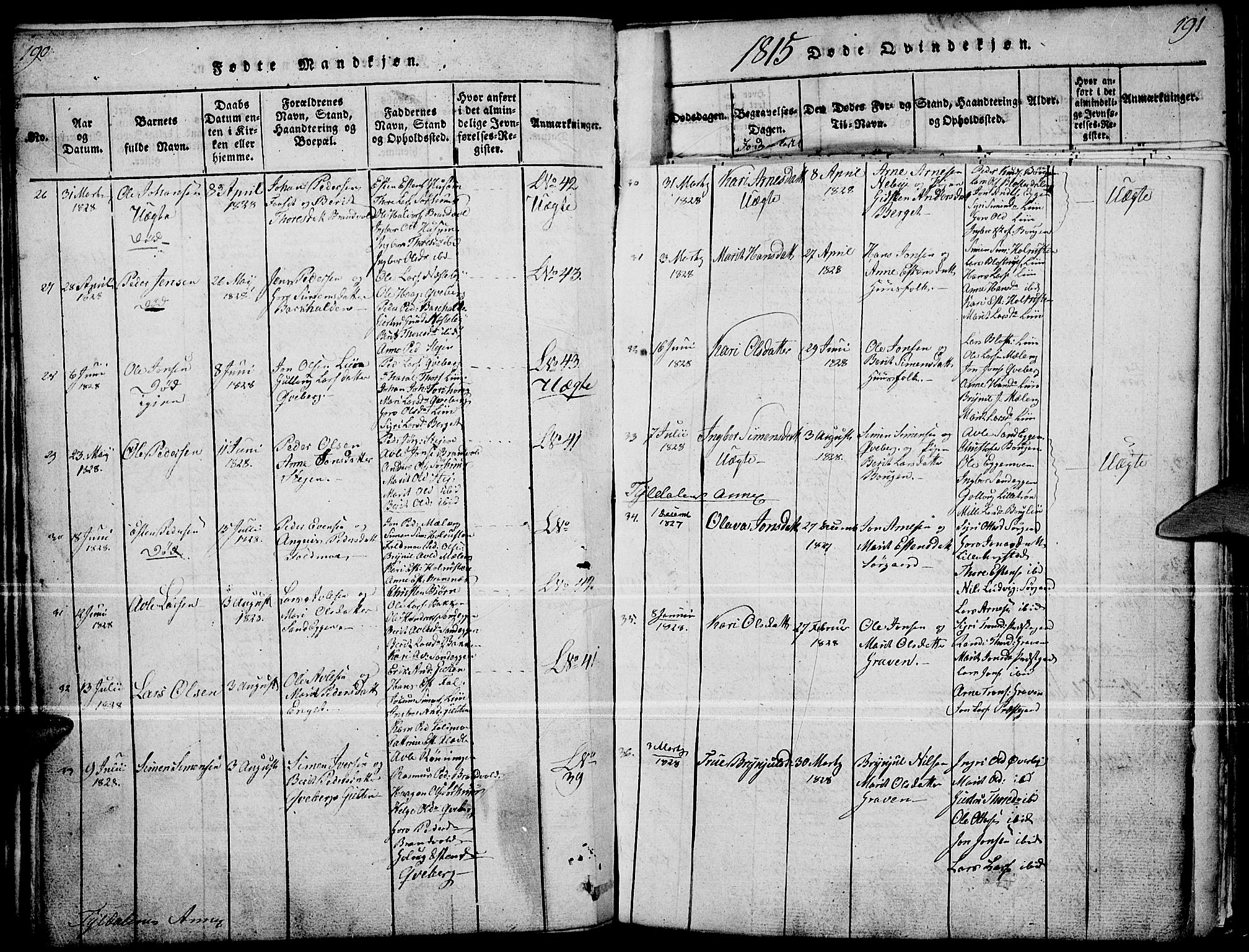 Tynset prestekontor, SAH/PREST-058/H/Ha/Haa/L0018: Parish register (official) no. 18, 1815-1829, p. 190-191