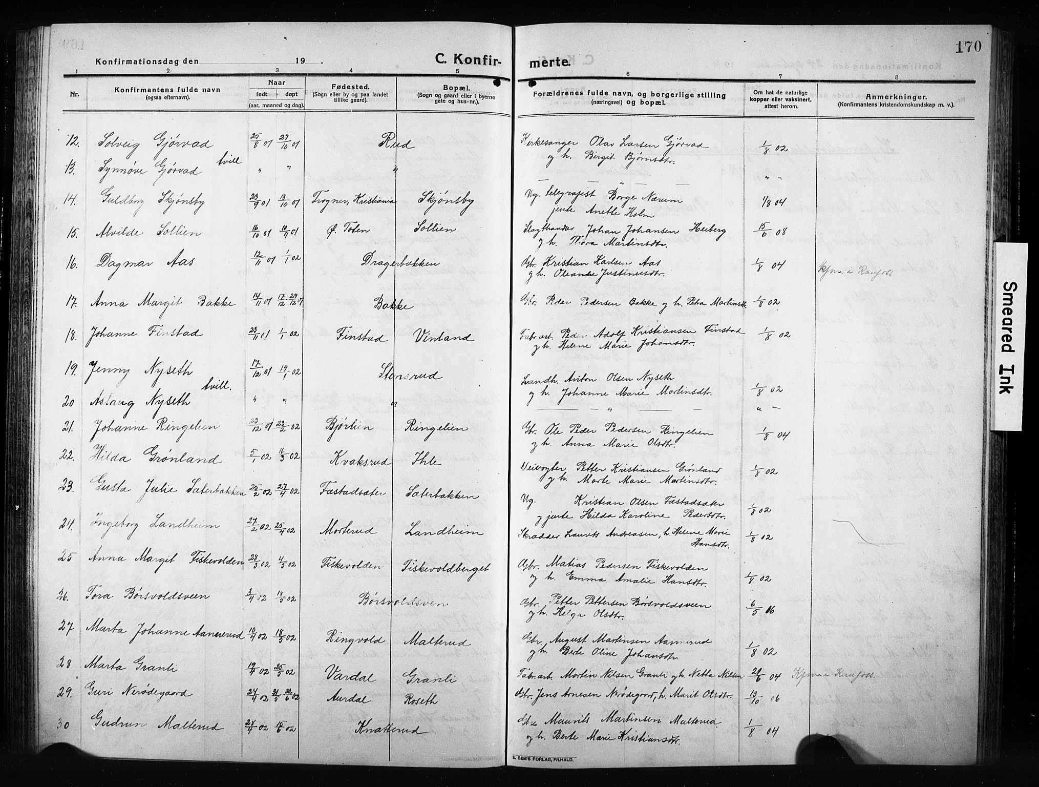 Vestre Toten prestekontor, AV/SAH-PREST-108/H/Ha/Hab/L0012: Parish register (copy) no. 12, 1909-1928, p. 170