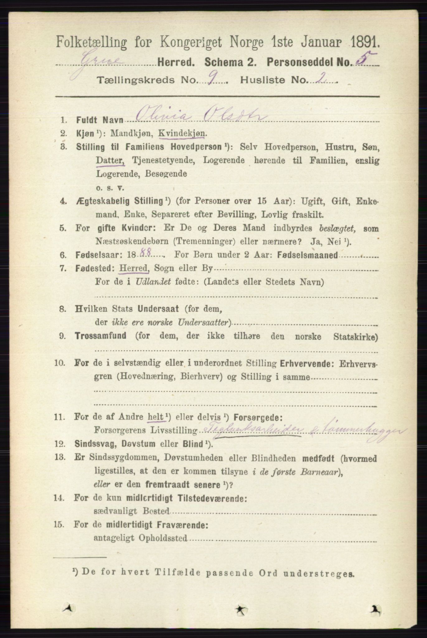 RA, 1891 census for 0423 Grue, 1891, p. 4891