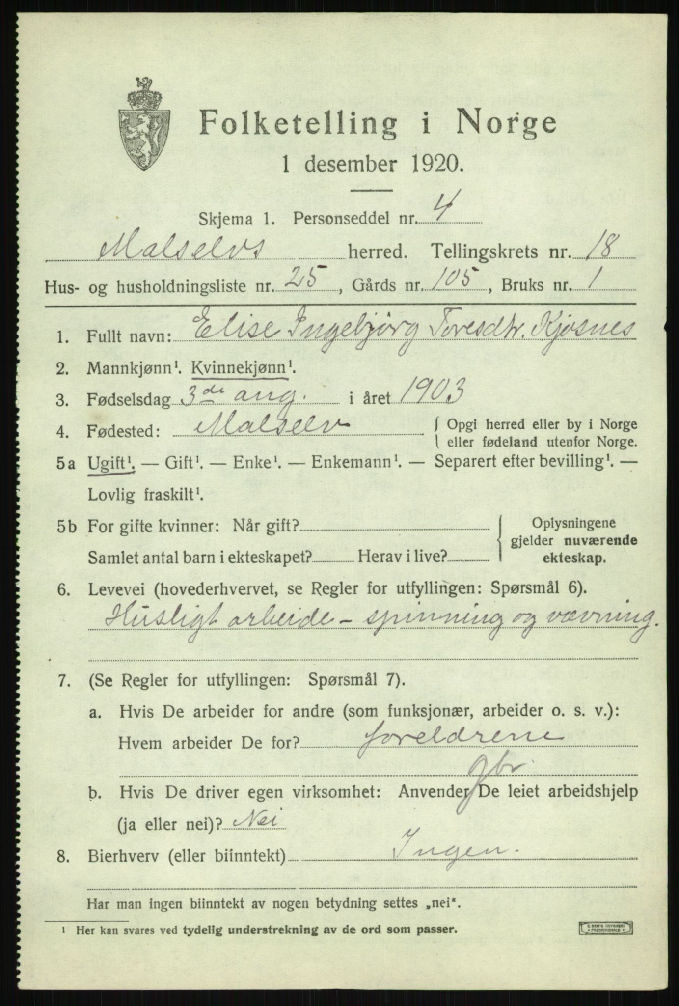 SATØ, 1920 census for Målselv, 1920, p. 9161