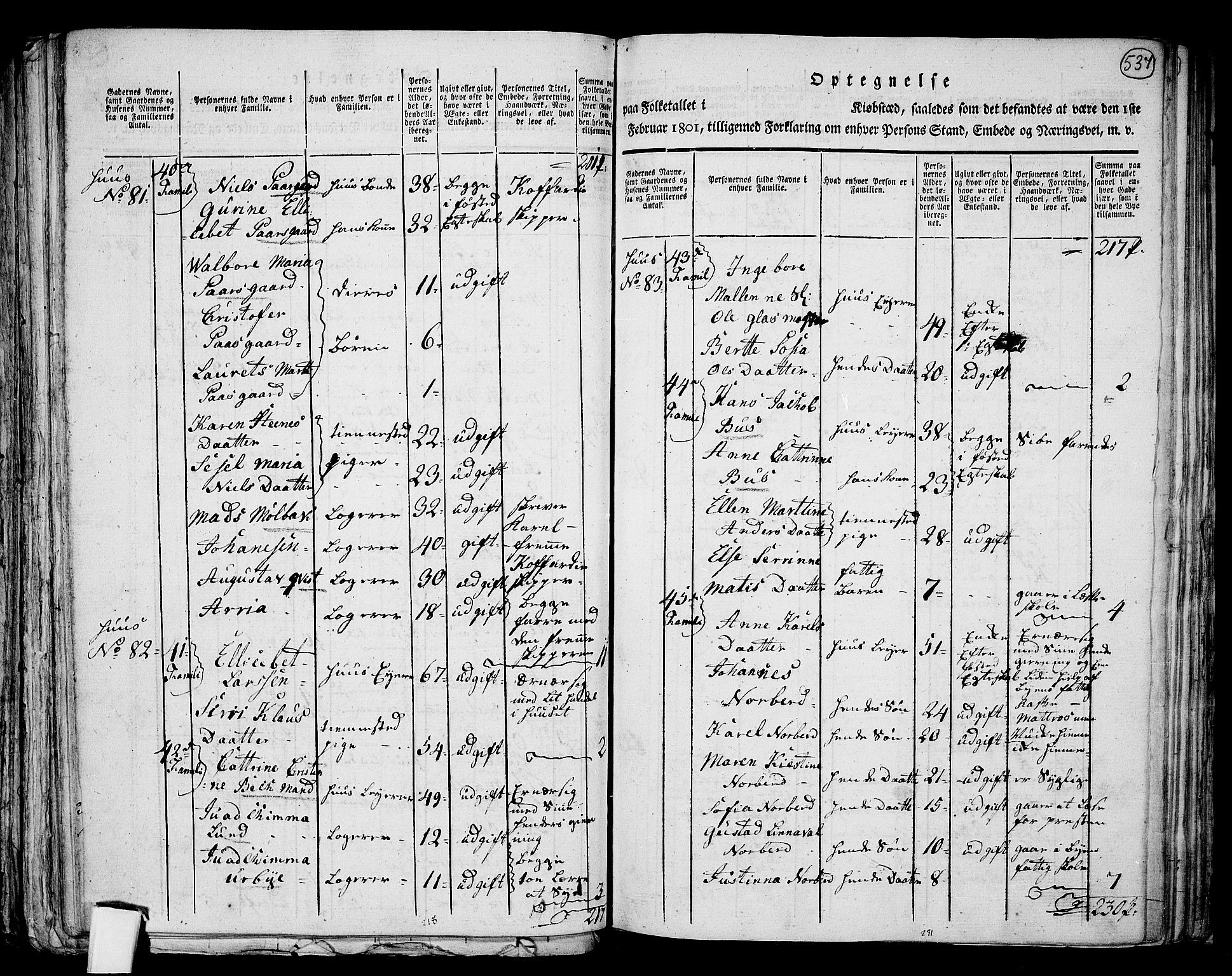 RA, 1801 census for 1001P Kristiansand, 1801, p. 536b-537a