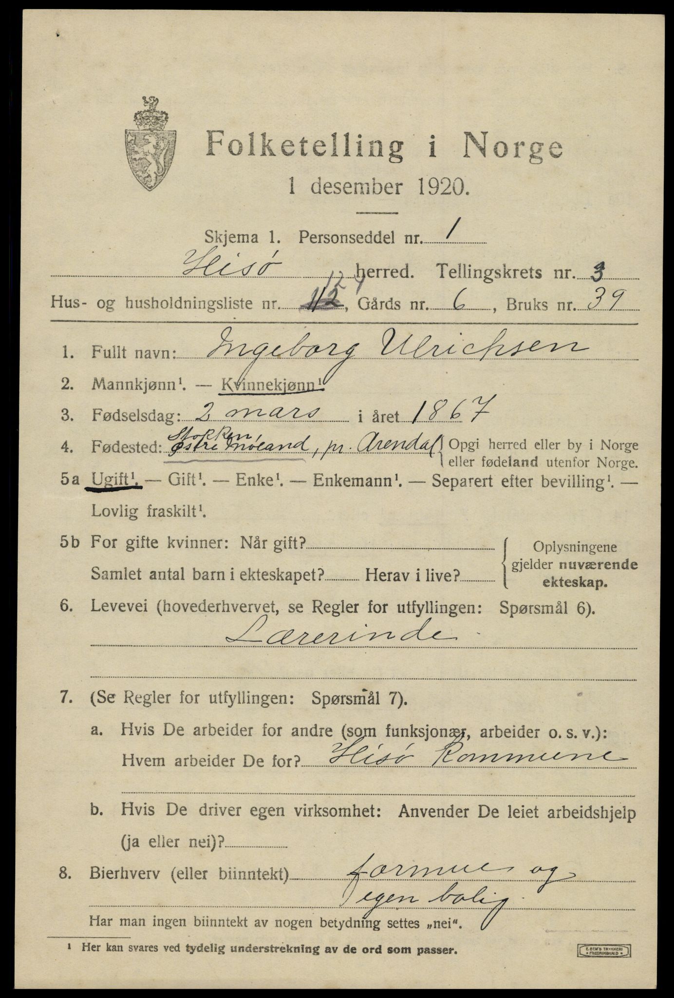 SAK, 1920 census for Hisøy, 1920, p. 5320