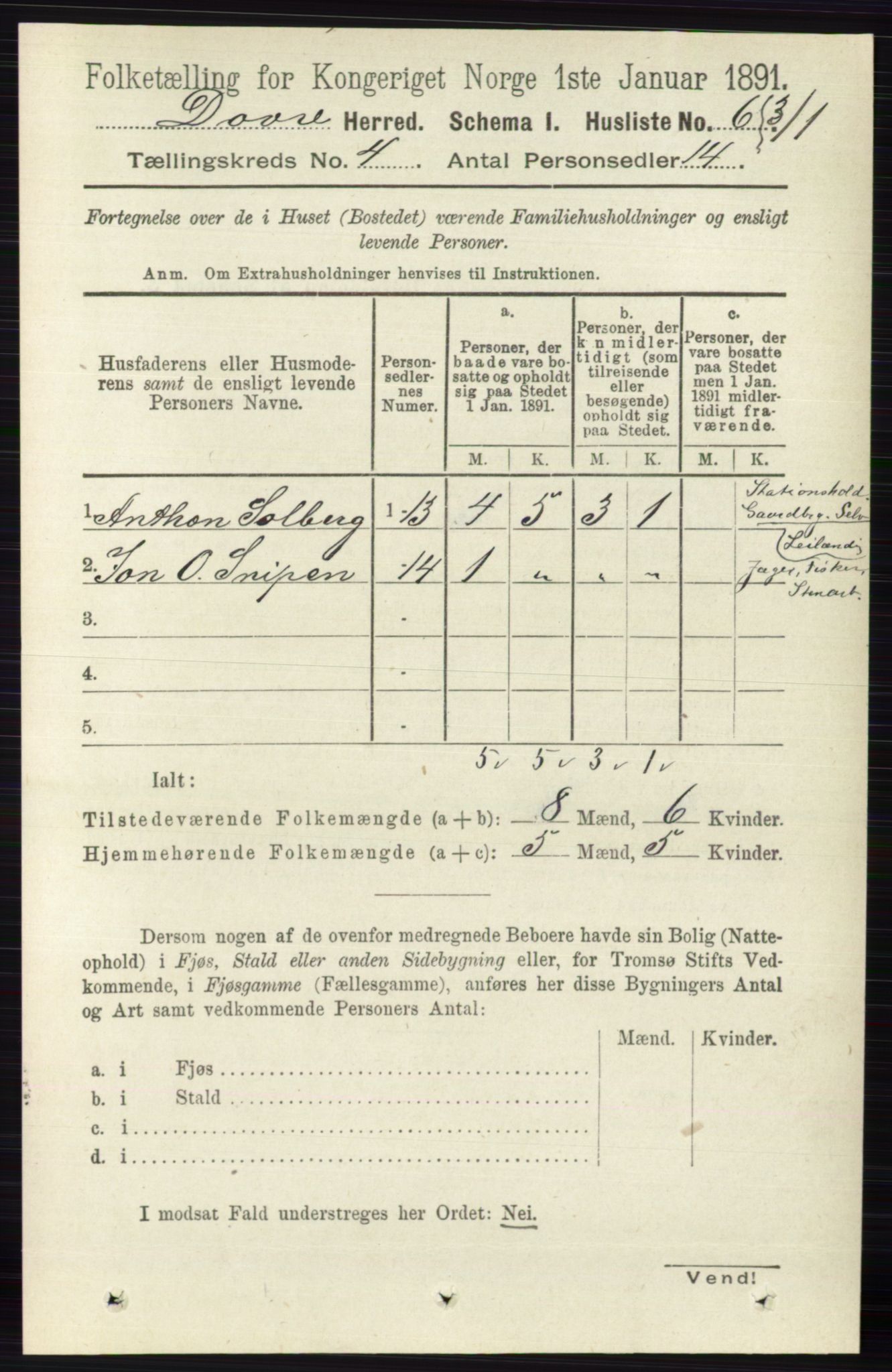 RA, 1891 census for 0511 Dovre, 1891, p. 1819