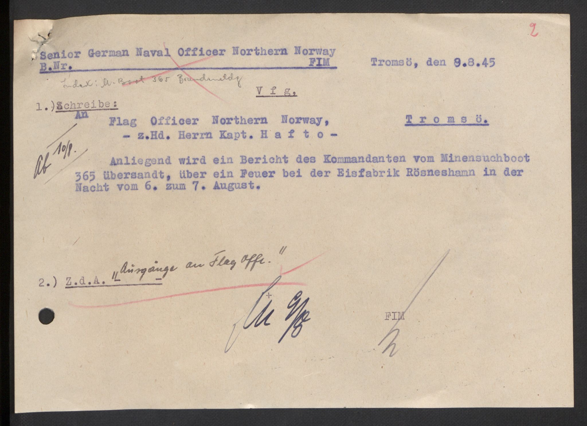 Deutscher Oberbefehlshaber Norwegen (DOBN), AV/RA-RAFA-2197/D/Dob/L0263/0003: ADMO Bereich Tromsø / Ausgänge an Flag-Officer und  MKN, 1945-1946