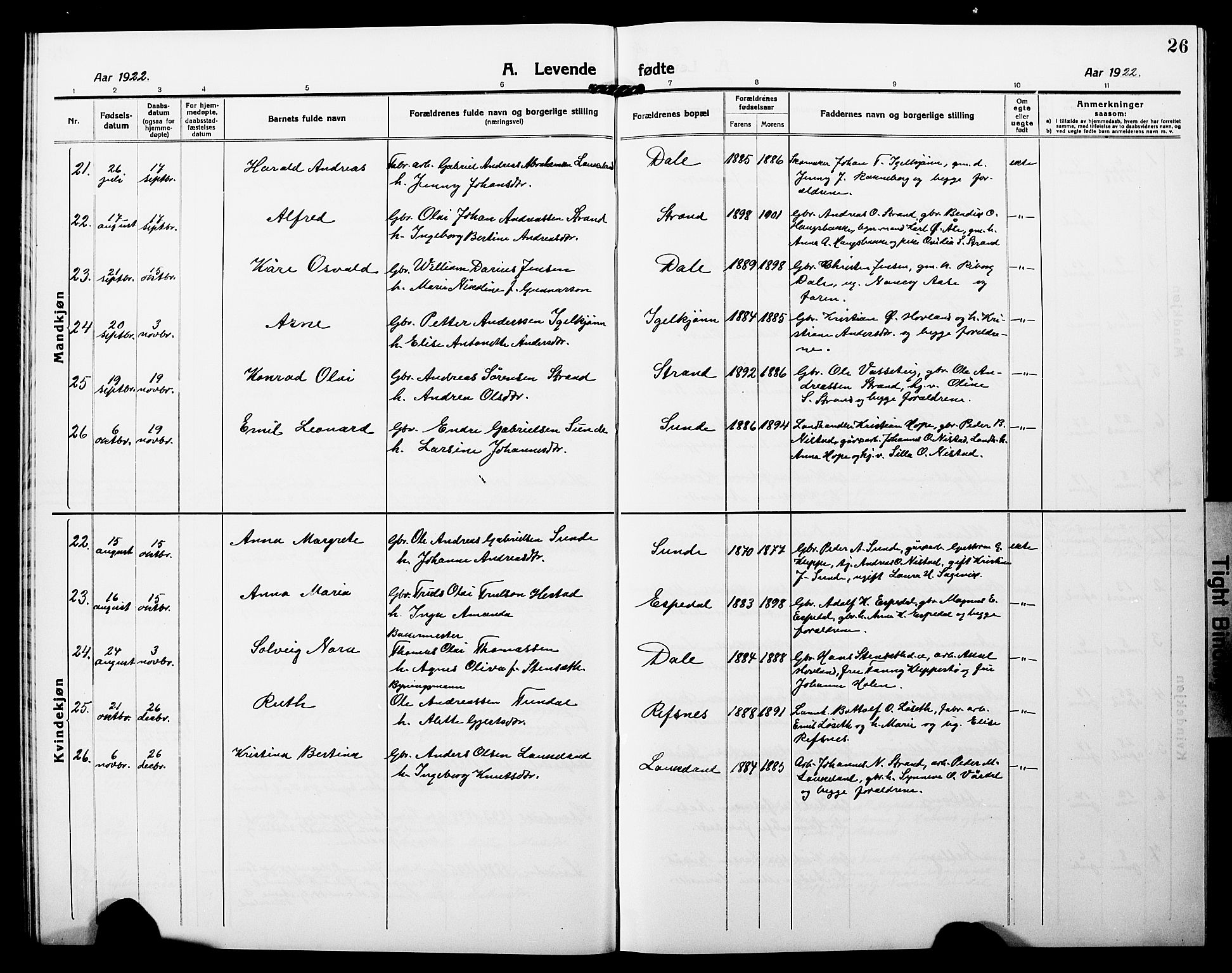 Fjaler sokneprestembete, SAB/A-79801/H/Hab/Habc/L0004: Parish register (copy) no. C 4, 1914-1927, p. 26