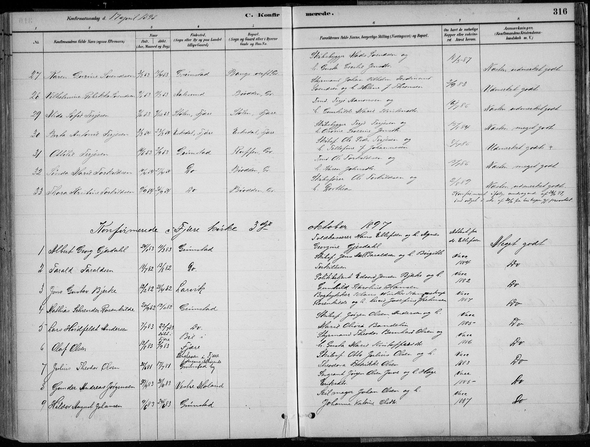 Grimstad sokneprestkontor, AV/SAK-1111-0017/F/Fa/L0003: Parish register (official) no. A 2, 1882-1912, p. 316