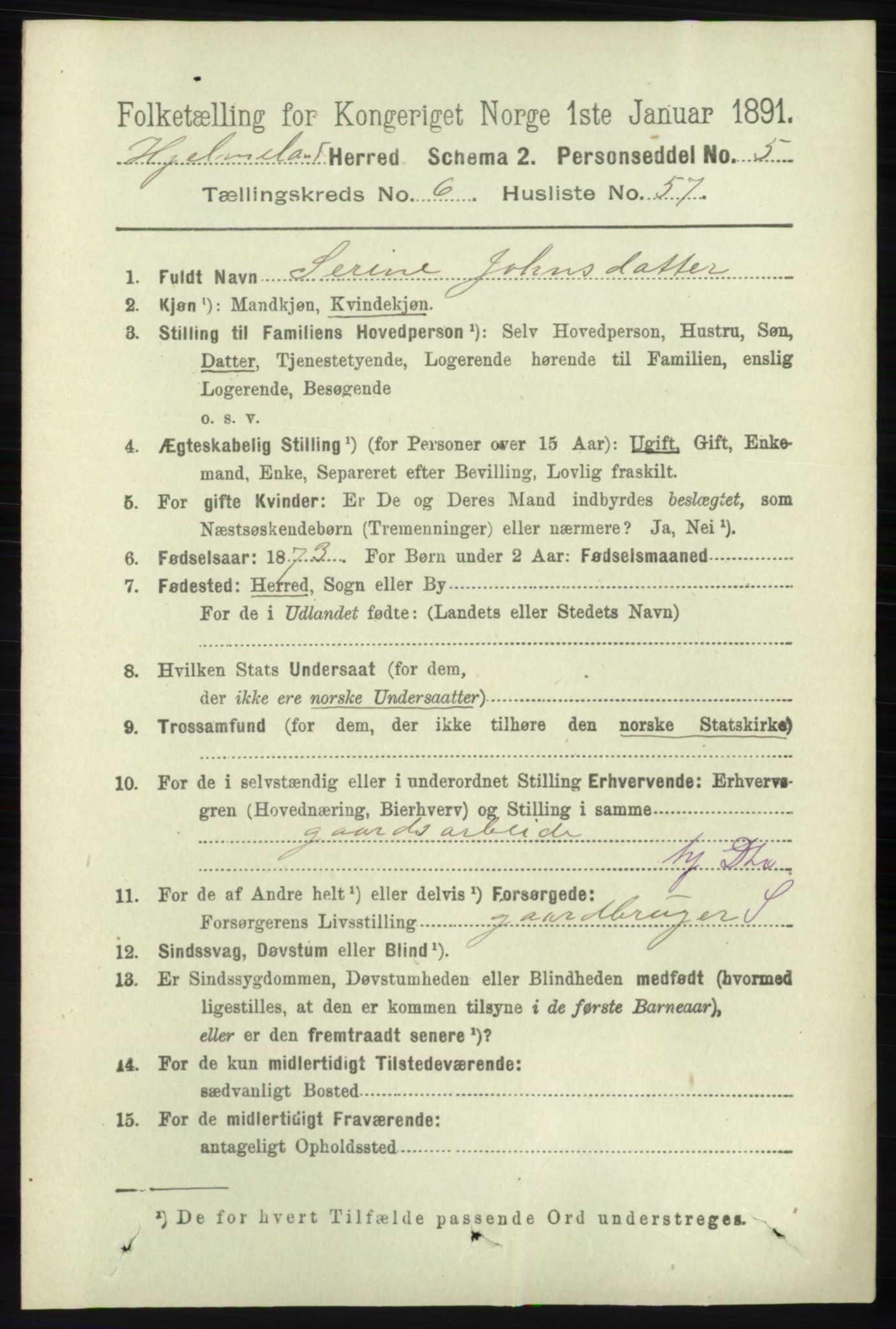 RA, 1891 census for 1133 Hjelmeland, 1891, p. 1860