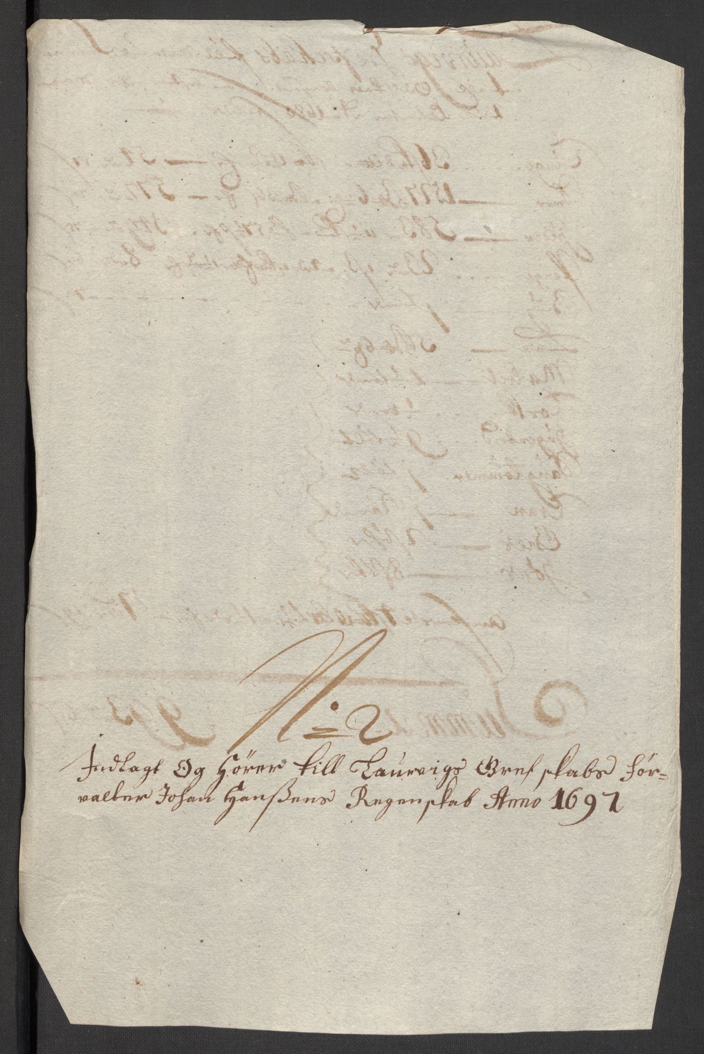Rentekammeret inntil 1814, Reviderte regnskaper, Fogderegnskap, RA/EA-4092/R33/L1975: Fogderegnskap Larvik grevskap, 1696-1697, p. 125