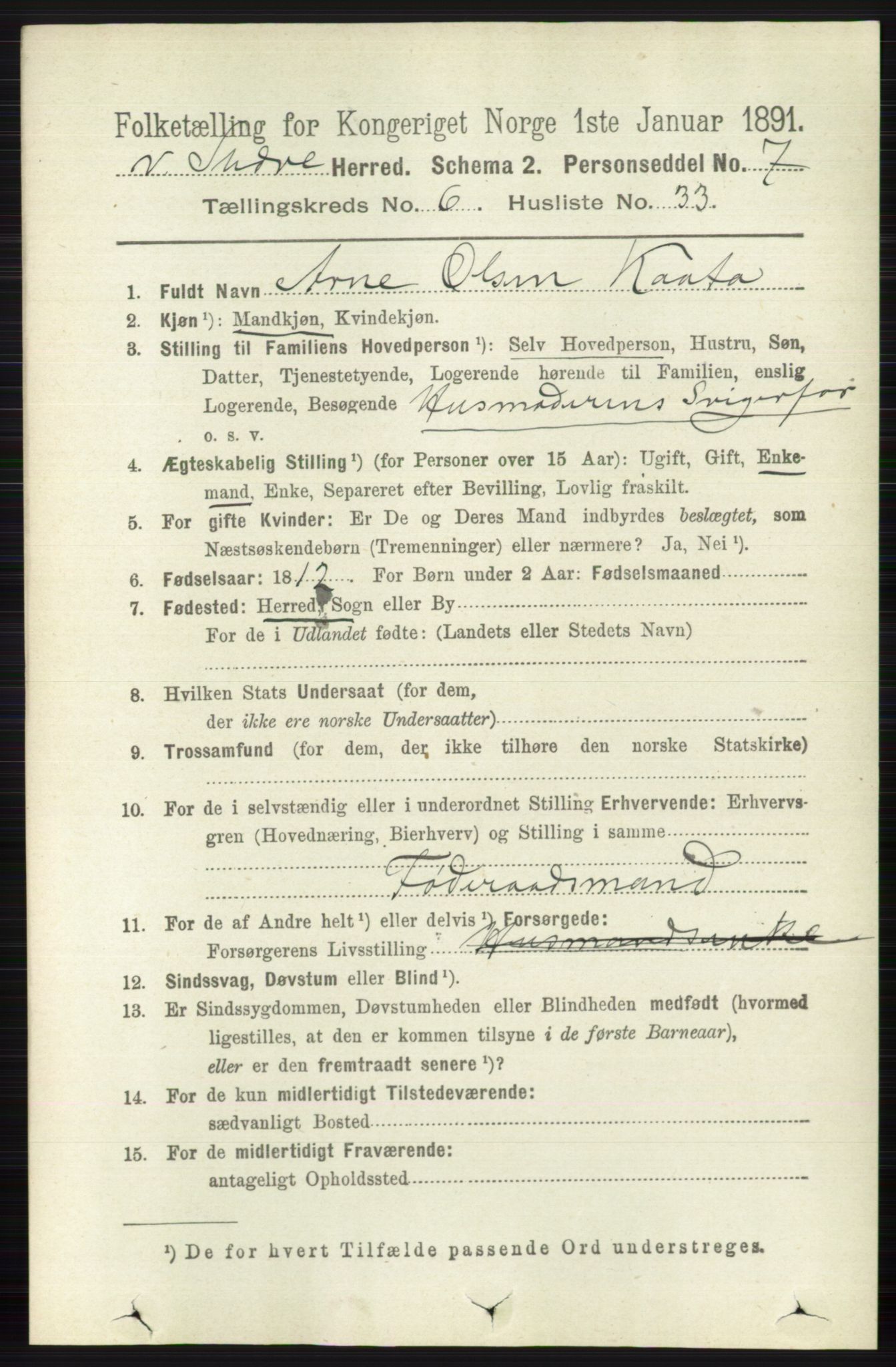 RA, 1891 census for 0543 Vestre Slidre, 1891, p. 2270