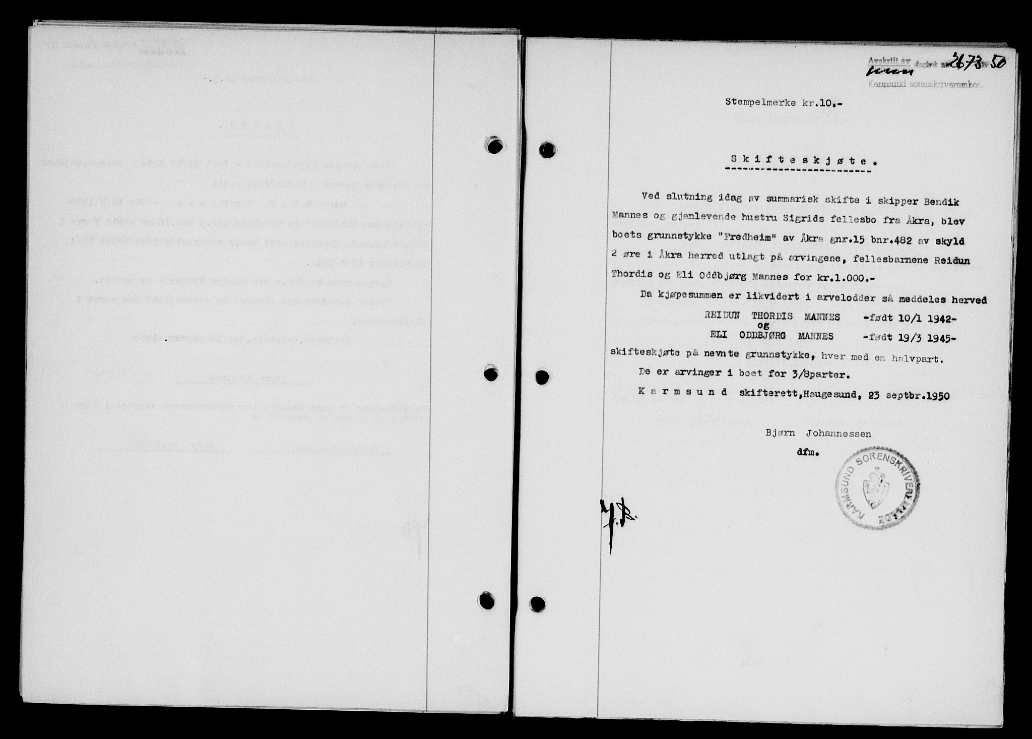 Karmsund sorenskriveri, AV/SAST-A-100311/01/II/IIB/L0101: Mortgage book no. 81A, 1950-1951, Diary no: : 2673/1950