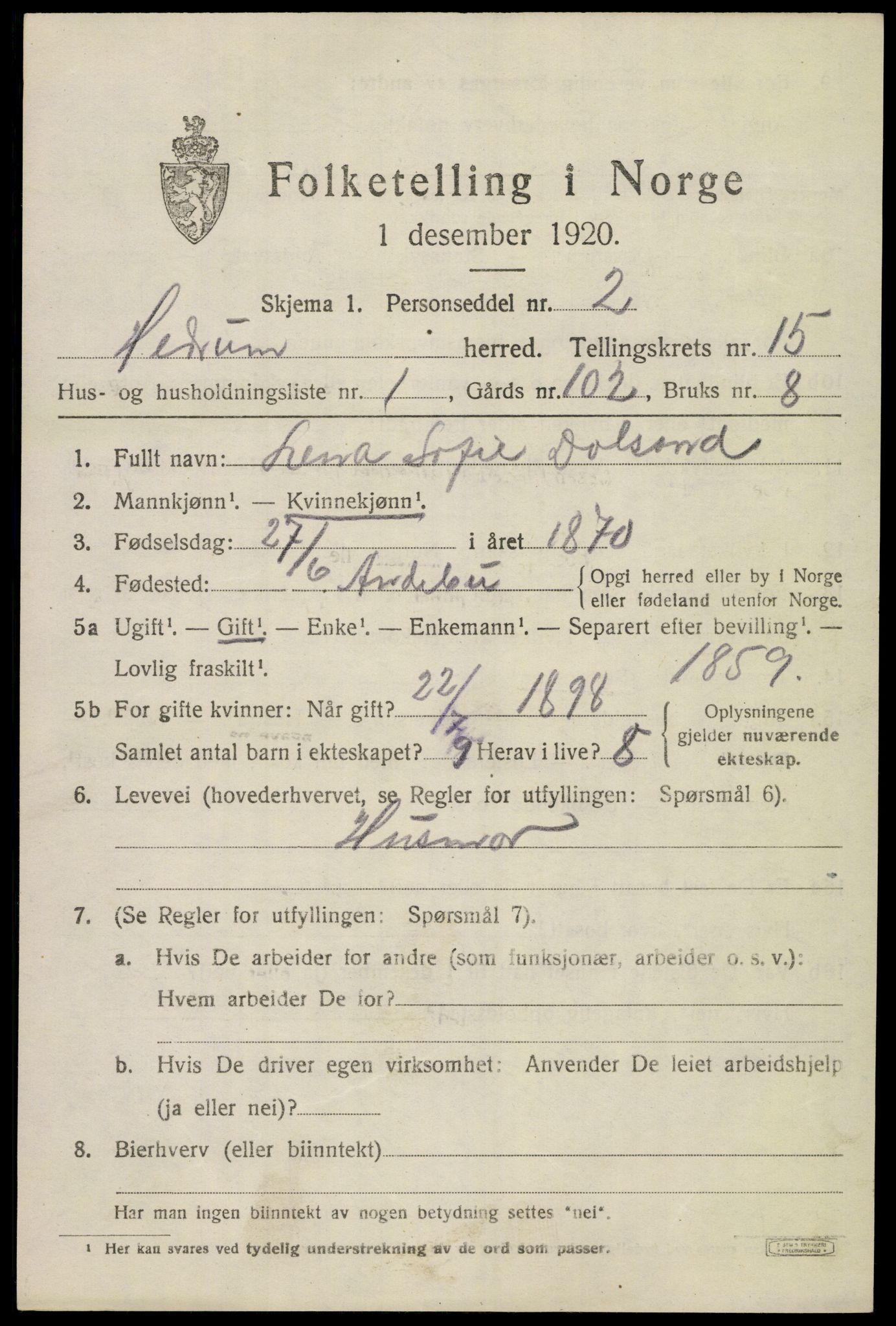 SAKO, 1920 census for Hedrum, 1920, p. 9885