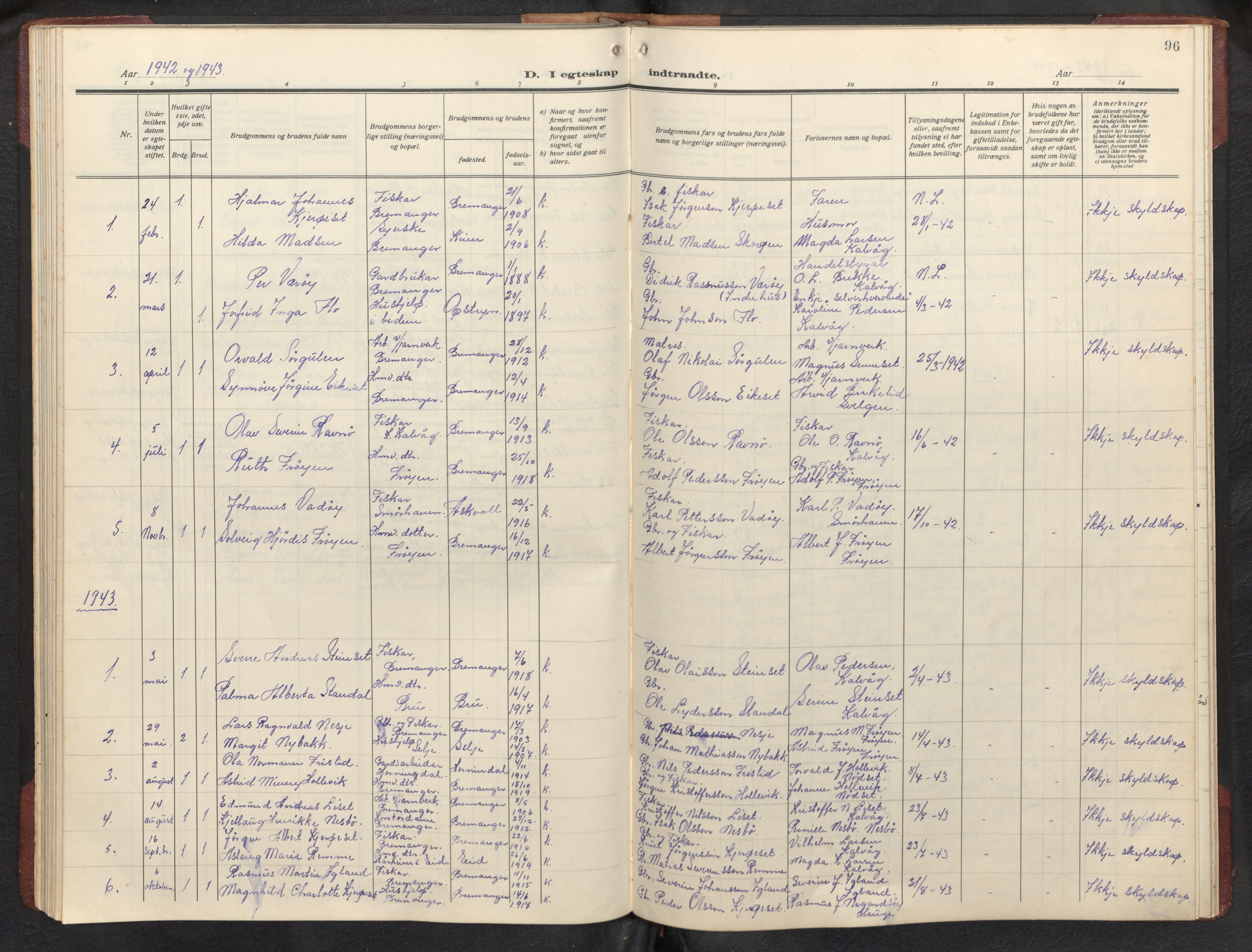 Bremanger sokneprestembete, SAB/A-82201/H/Hab/Habb/L0002: Parish register (copy) no. B 2, 1926-1945, p. 95b-96a