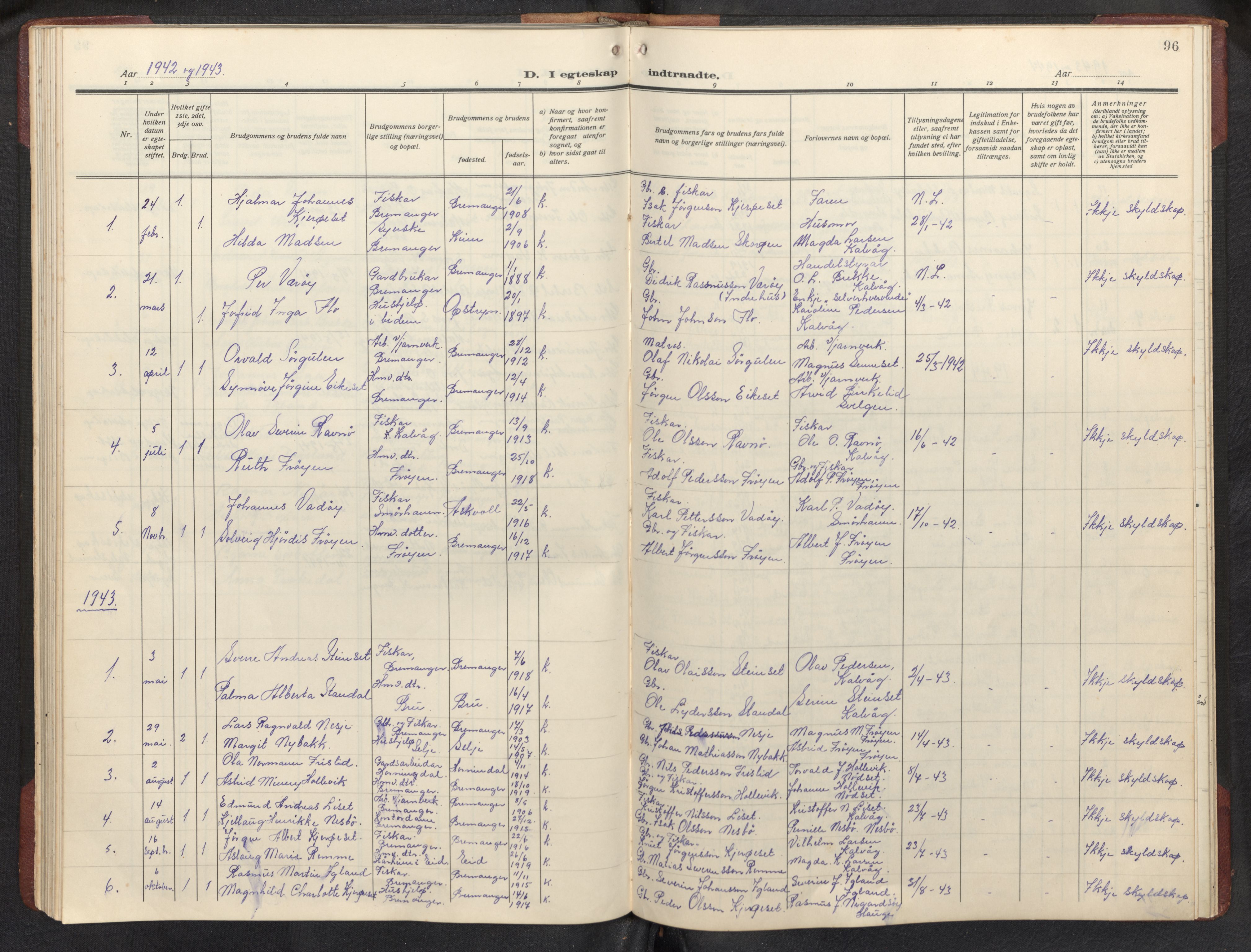 Bremanger sokneprestembete, AV/SAB-A-82201/H/Hab/Habb/L0002: Parish register (copy) no. B 2, 1926-1945, p. 95b-96a