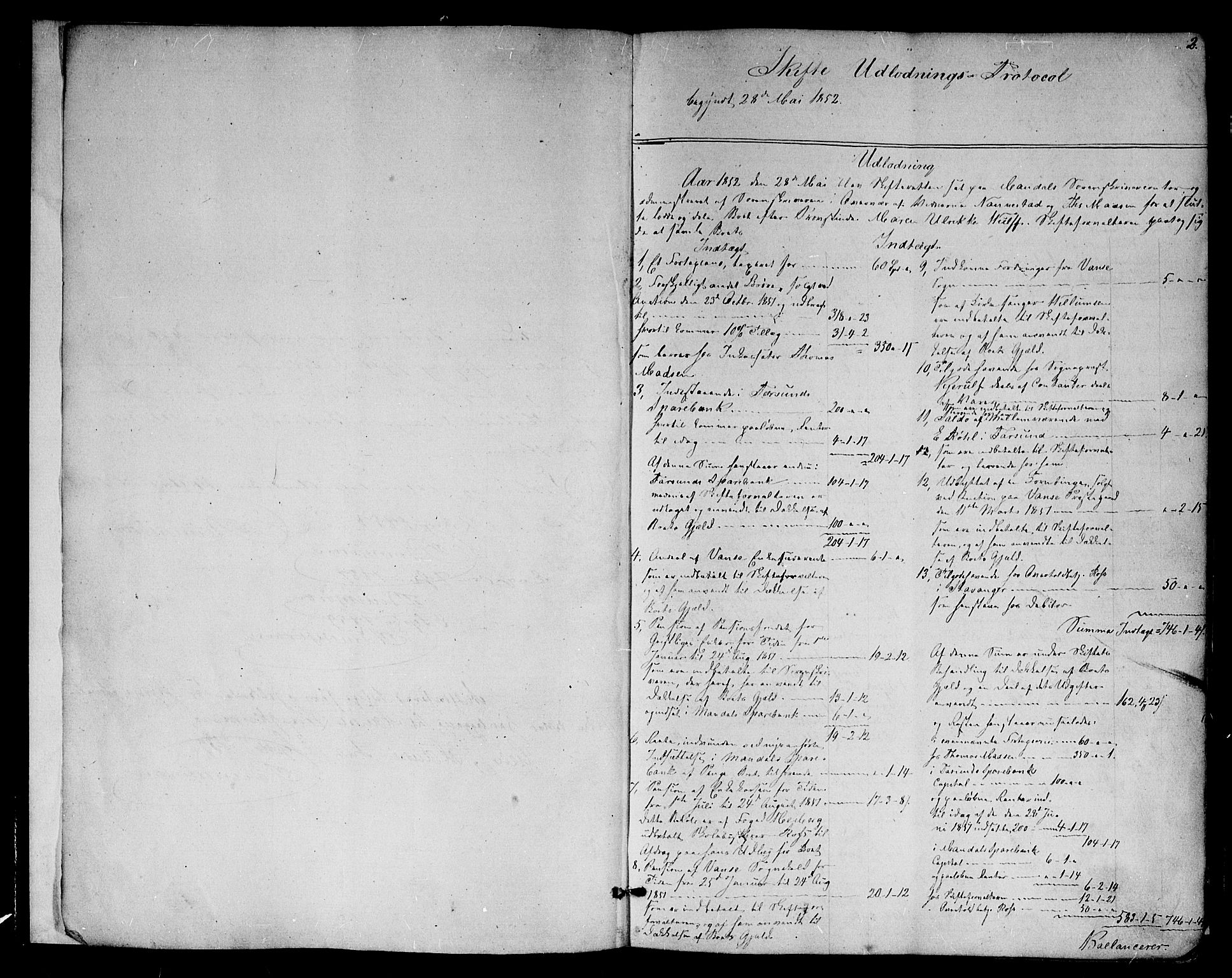 Mandal sorenskriveri, SAK/1221-0005/001/H/Hc/L0094: Skifteutlodningsprotokoll nr 3 med register, 1852-1871, p. 1b-2a