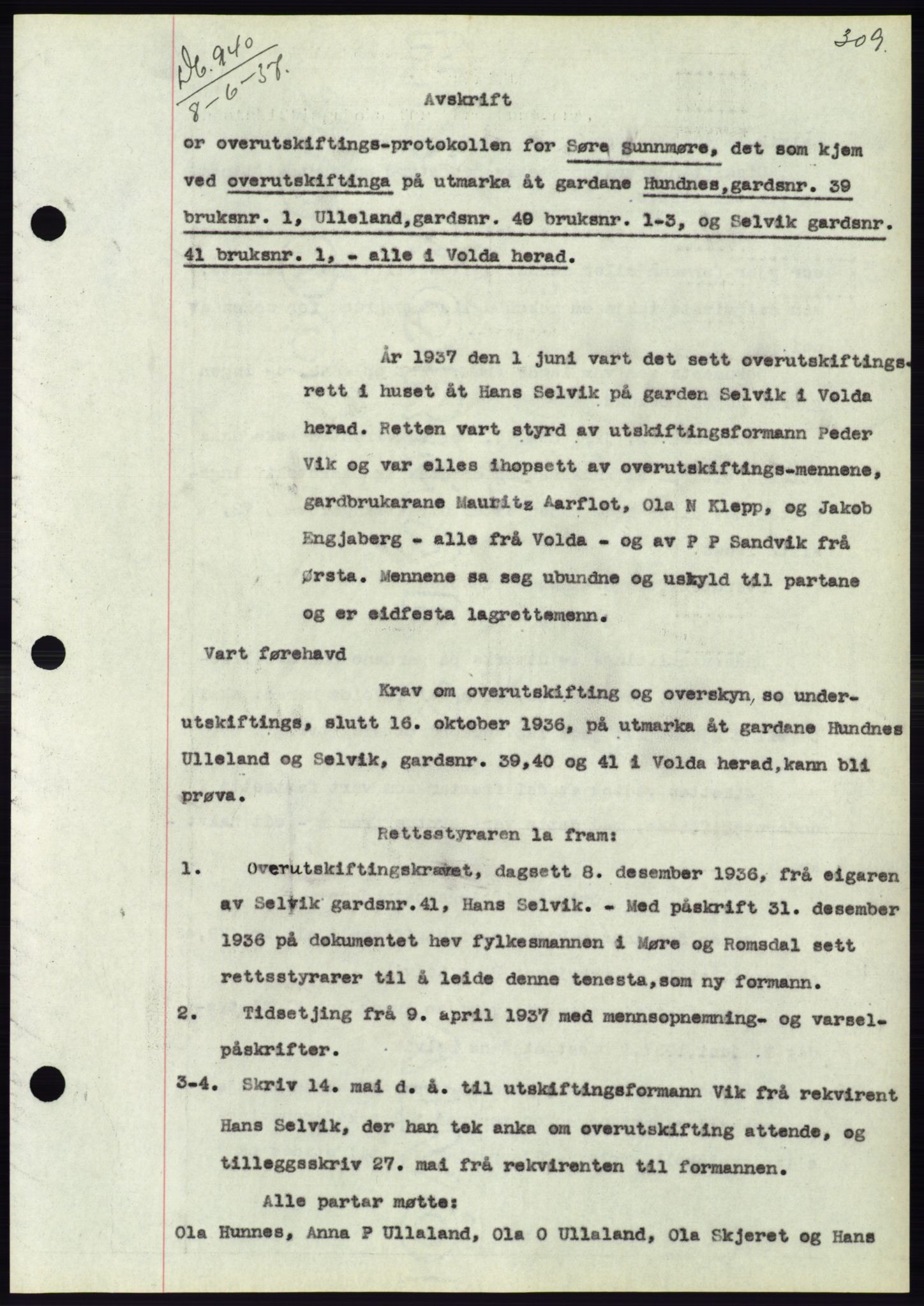 Søre Sunnmøre sorenskriveri, AV/SAT-A-4122/1/2/2C/L0063: Mortgage book no. 57, 1937-1937, Diary no: : 940/1937