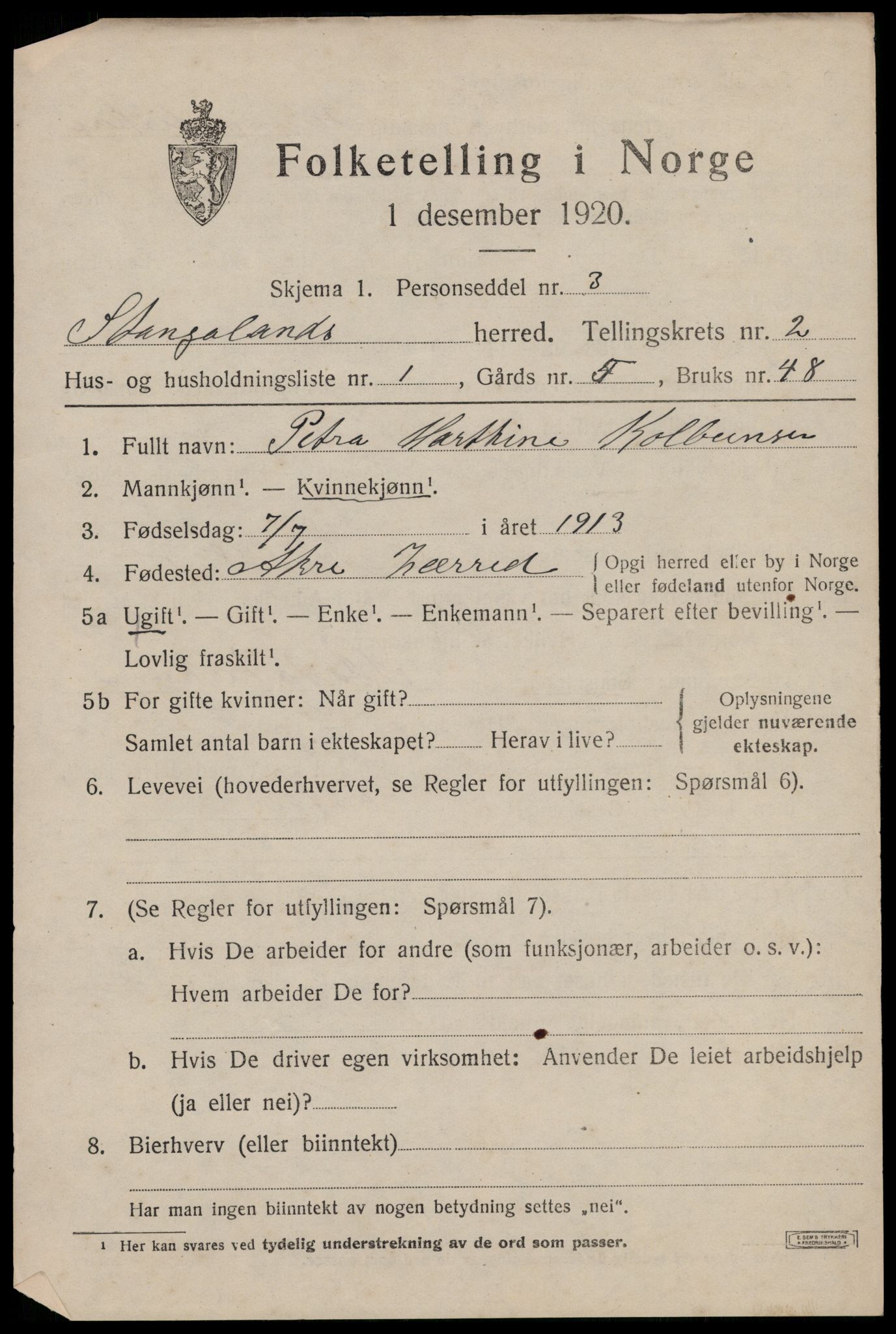 SAST, 1920 census for Stangaland, 1920, p. 1203