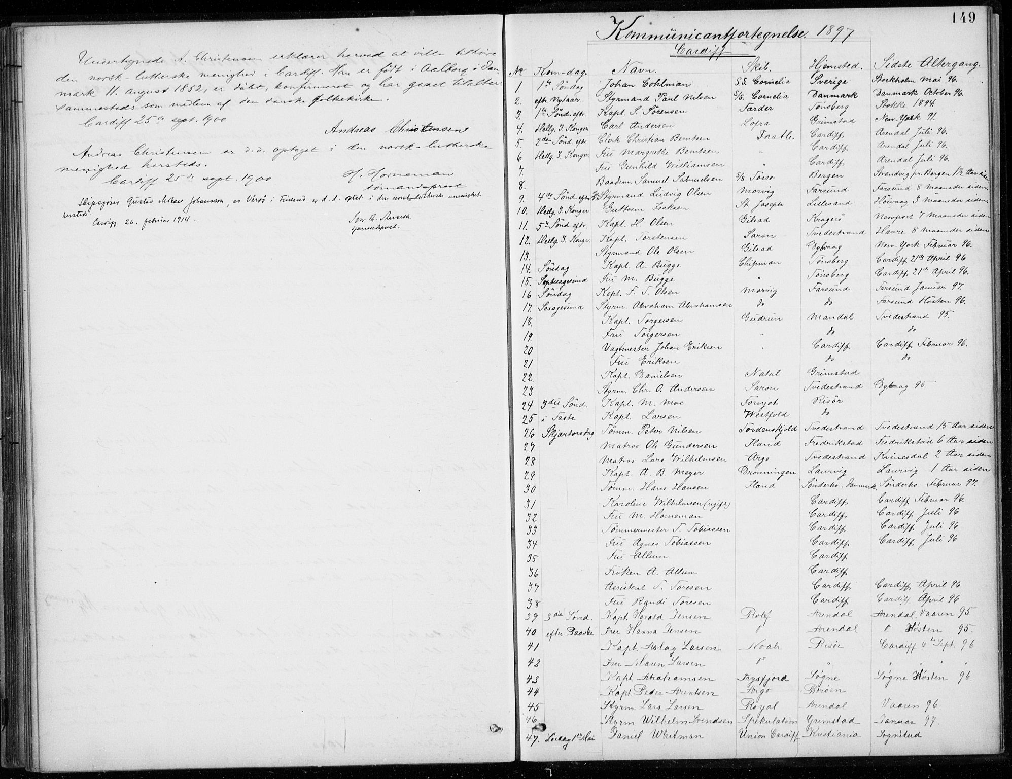 Den norske sjømannsmisjon i utlandet/Bristolhavnene(Cardiff-Swansea), SAB/SAB/PA-0102/H/Ha/Haa/L0002: Parish register (official) no. A 2, 1887-1932, p. 149
