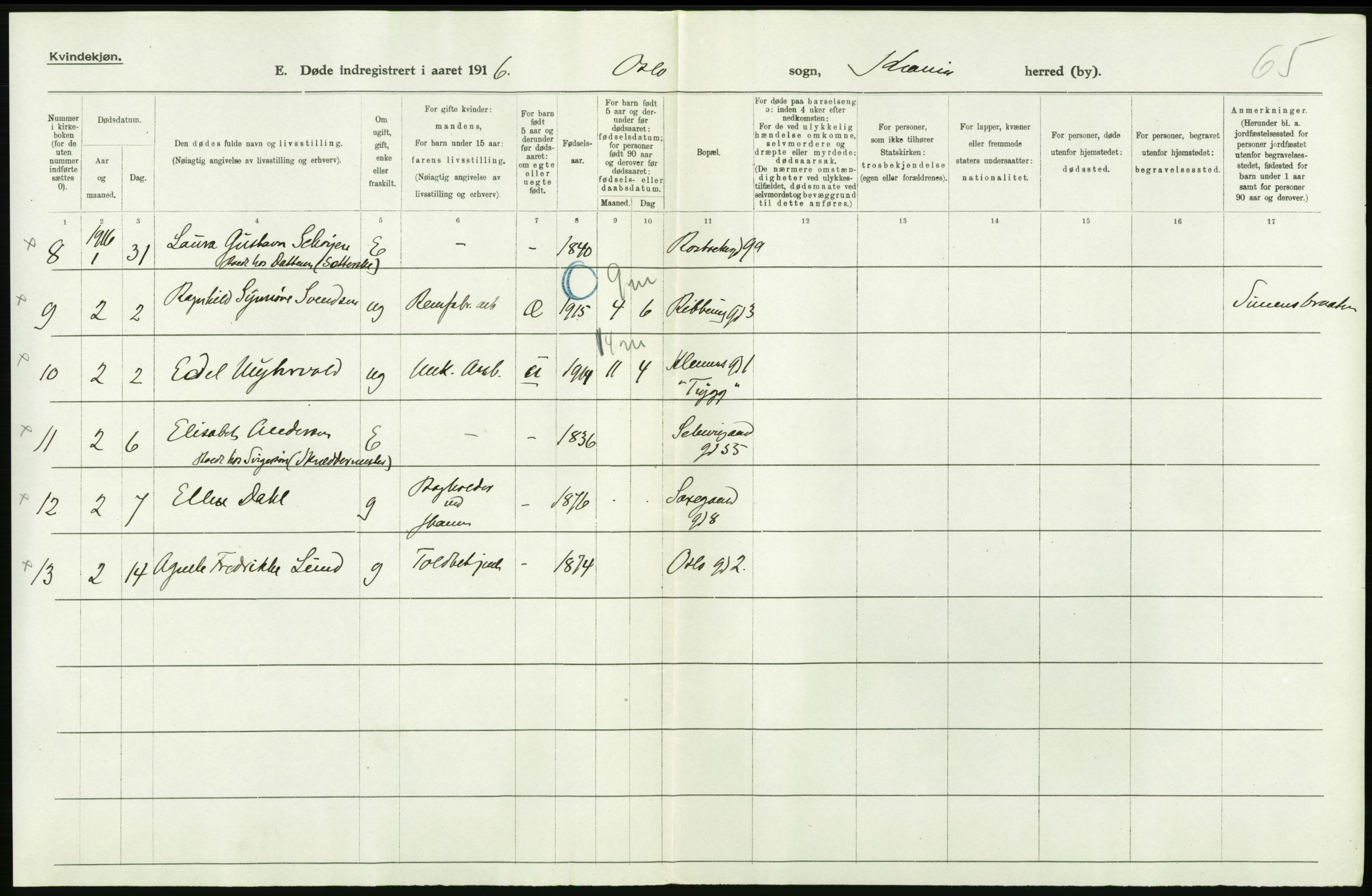 Statistisk sentralbyrå, Sosiodemografiske emner, Befolkning, AV/RA-S-2228/D/Df/Dfb/Dfbf/L0009: Kristiania: Døde., 1916, p. 384