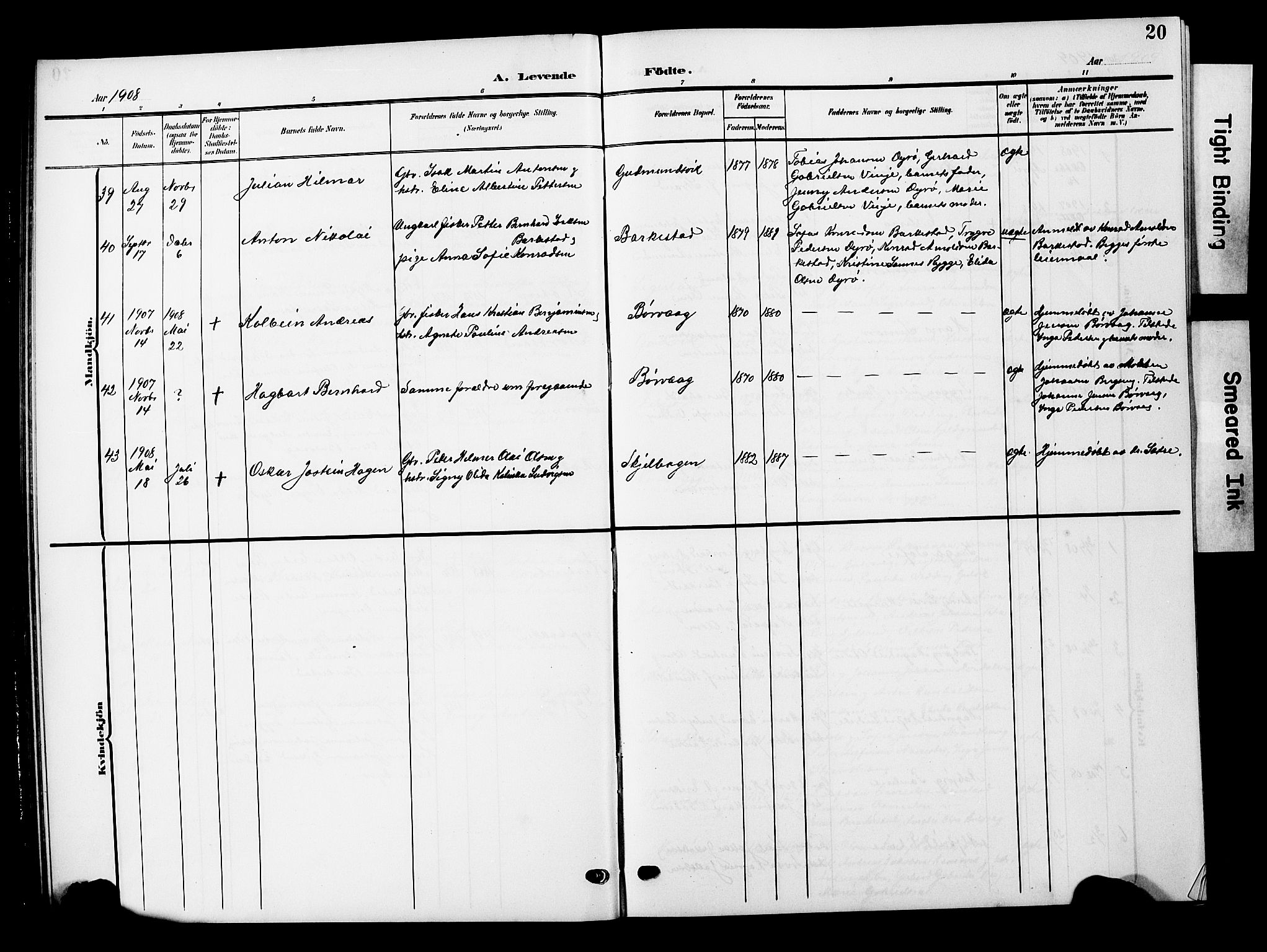 Ministerialprotokoller, klokkerbøker og fødselsregistre - Nordland, AV/SAT-A-1459/893/L1350: Parish register (copy) no. 893C05, 1906-1927, p. 20