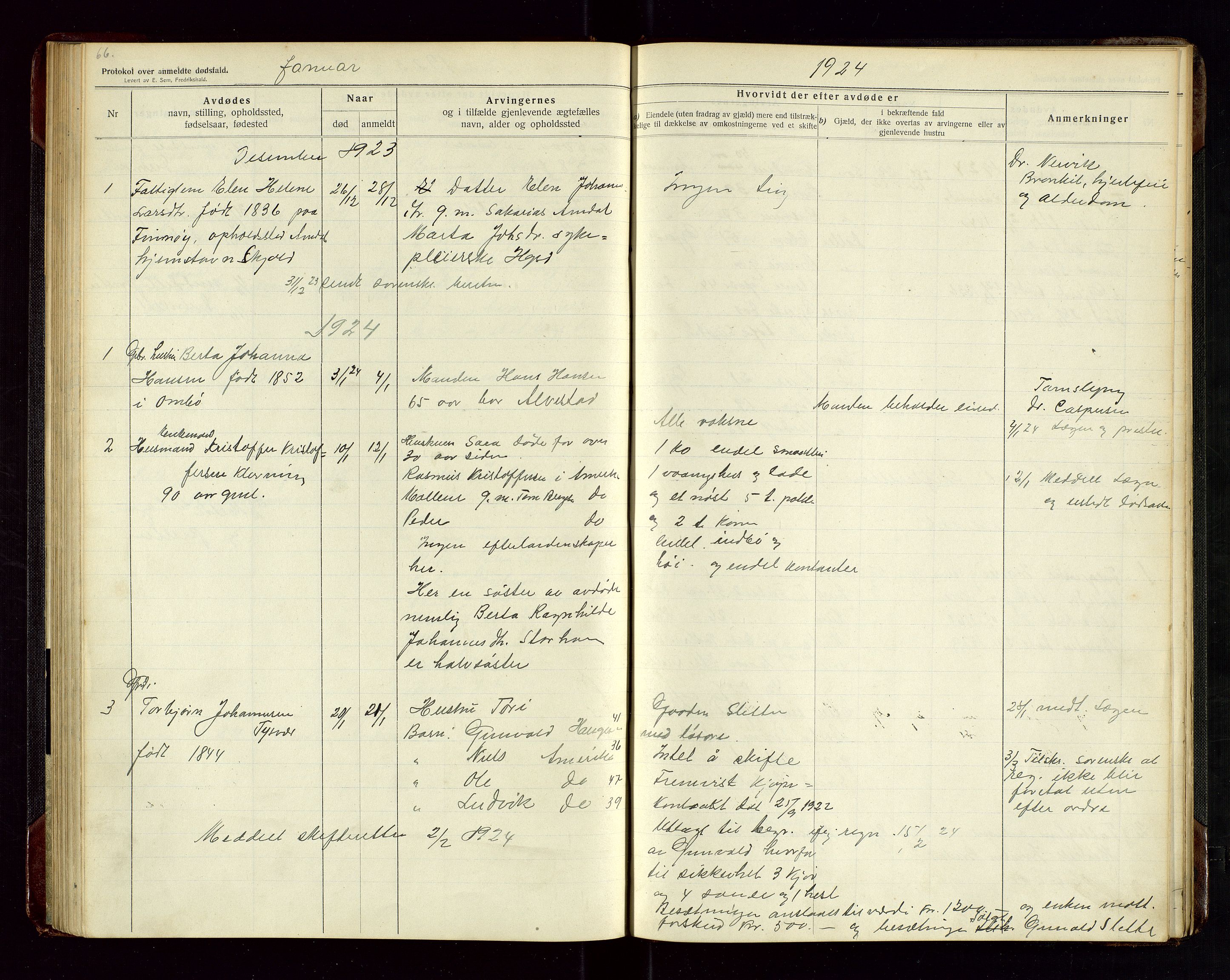 Tysvær lensmannskontor, AV/SAST-A-100192/Gga/L0003: "Protokol over anmeldte dødsfald i Tysvær" med register, 1916-1926, p. 66