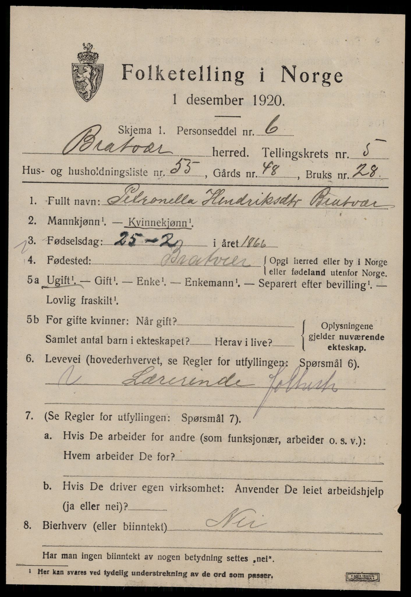 SAT, 1920 census for Brattvær, 1920, p. 3040