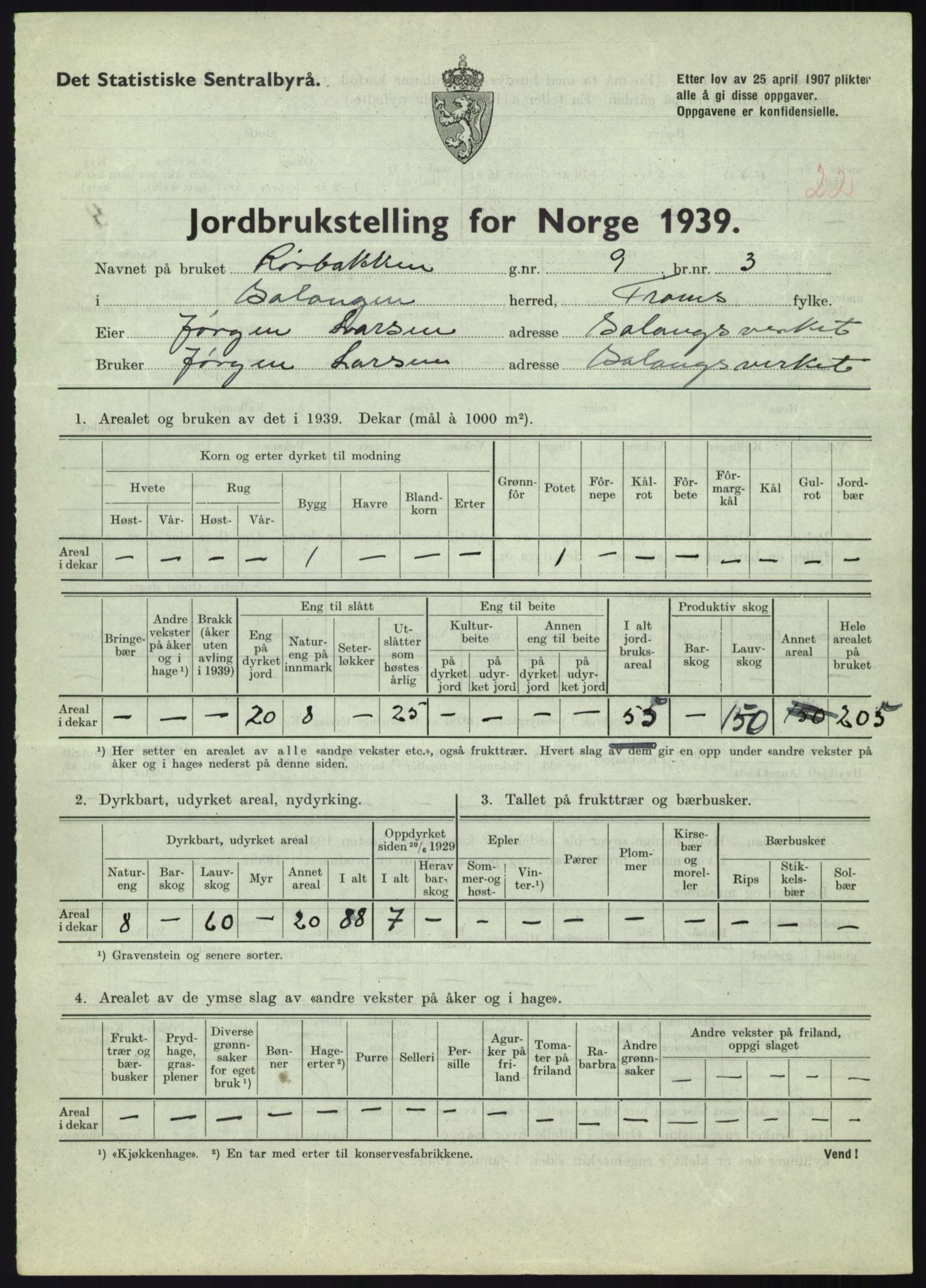 Statistisk sentralbyrå, Næringsøkonomiske emner, Jordbruk, skogbruk, jakt, fiske og fangst, AV/RA-S-2234/G/Gb/L0340: Troms: Salangen og Dyrøy, 1939, p. 565