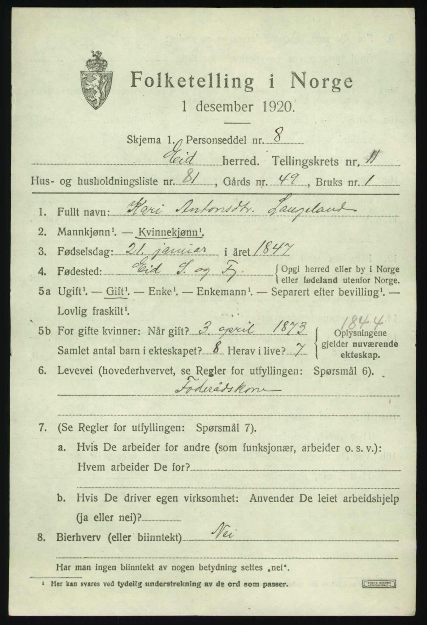 SAB, 1920 census for Eid, 1920, p. 7032