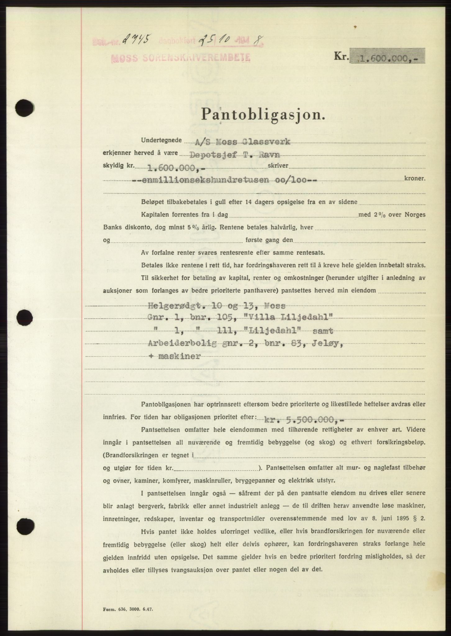 Moss sorenskriveri, AV/SAO-A-10168: Mortgage book no. B20, 1948-1948, Diary no: : 2745/1948