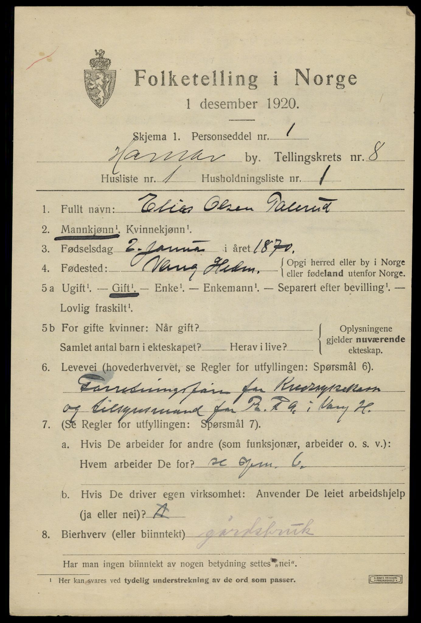 SAH, 1920 census for Hamar, 1920, p. 14053