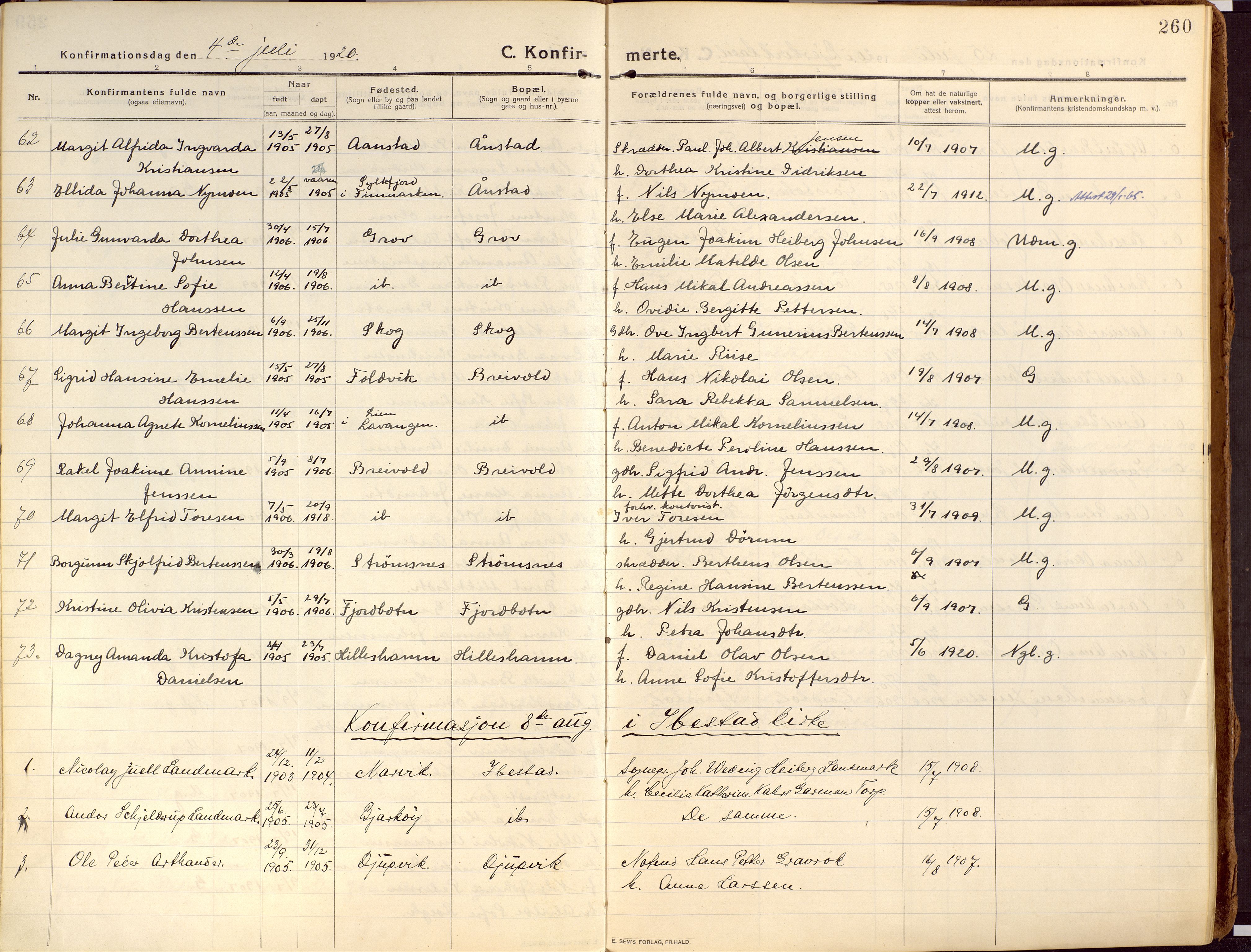 Ibestad sokneprestembete, SATØ/S-0077/H/Ha/Haa/L0018kirke: Parish register (official) no. 18, 1915-1929, p. 260