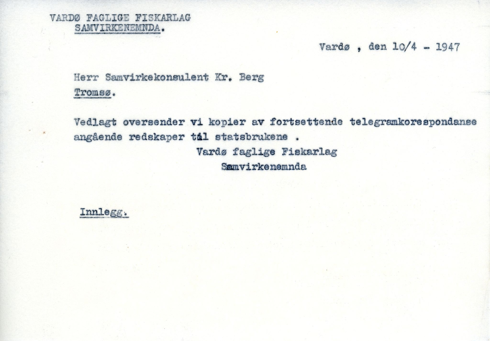 Vardø Fiskersamvirkelag, VAMU/A-0037/D/Da/L0005: Korrespondanse Ma-Re, 1947-1950