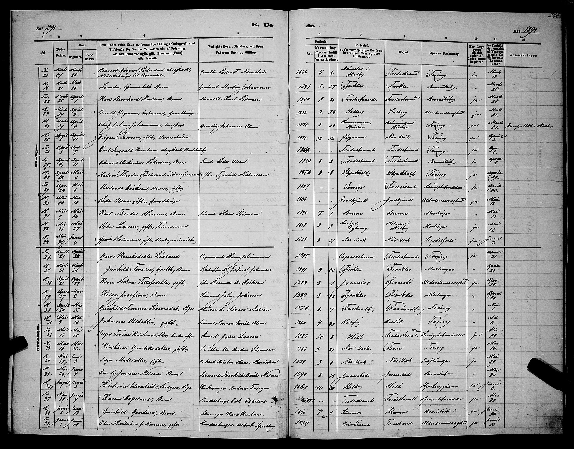 Holt sokneprestkontor, SAK/1111-0021/F/Fb/L0010: Parish register (copy) no. B 10, 1883-1896, p. 283